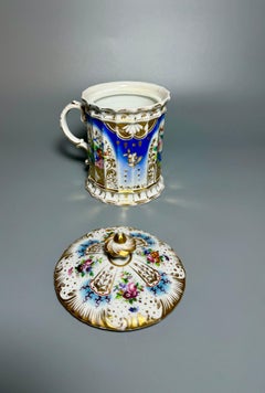 Antique KPM Berlin Lidded Porcelain Chocolate Cup, Gilded Floral, 1847