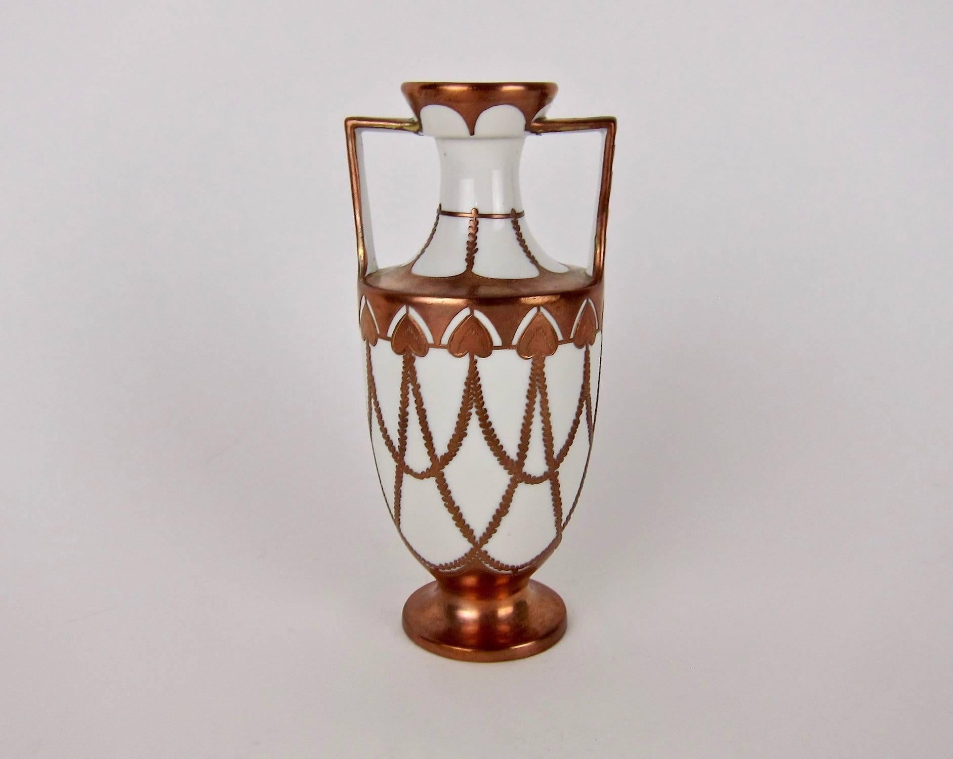 German Antique KPM Berlin Porcelain Vase with Art Nouveau Copper Overlay