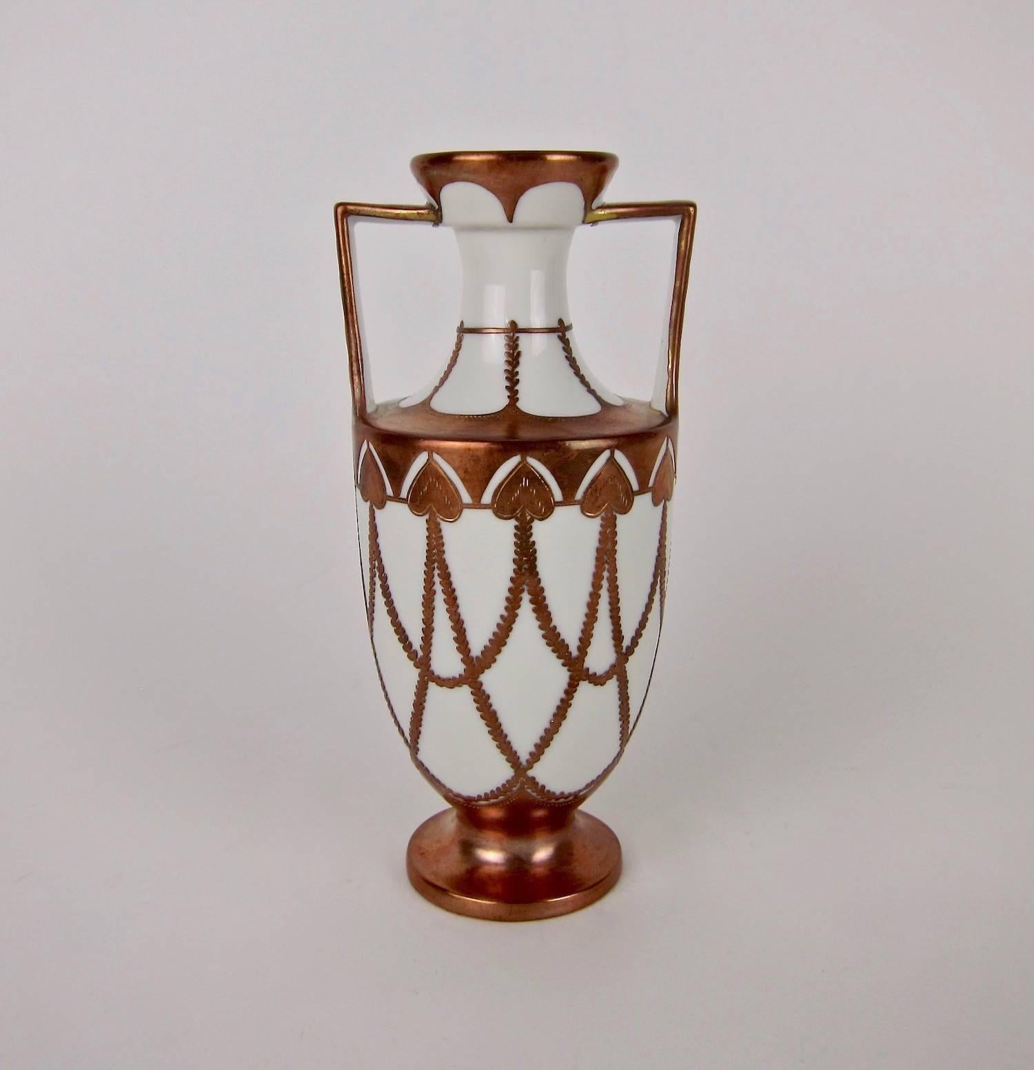 Antique KPM Berlin Porcelain Vase with Art Nouveau Copper Overlay In Good Condition In Los Angeles, CA