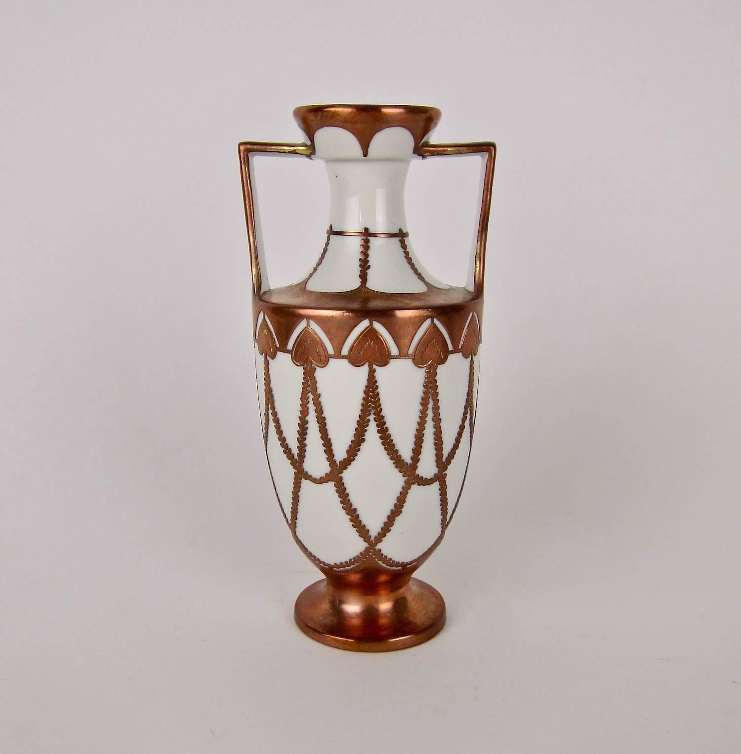 Antique KPM Berlin Porcelain Vase with Art Nouveau Copper Overlay 1