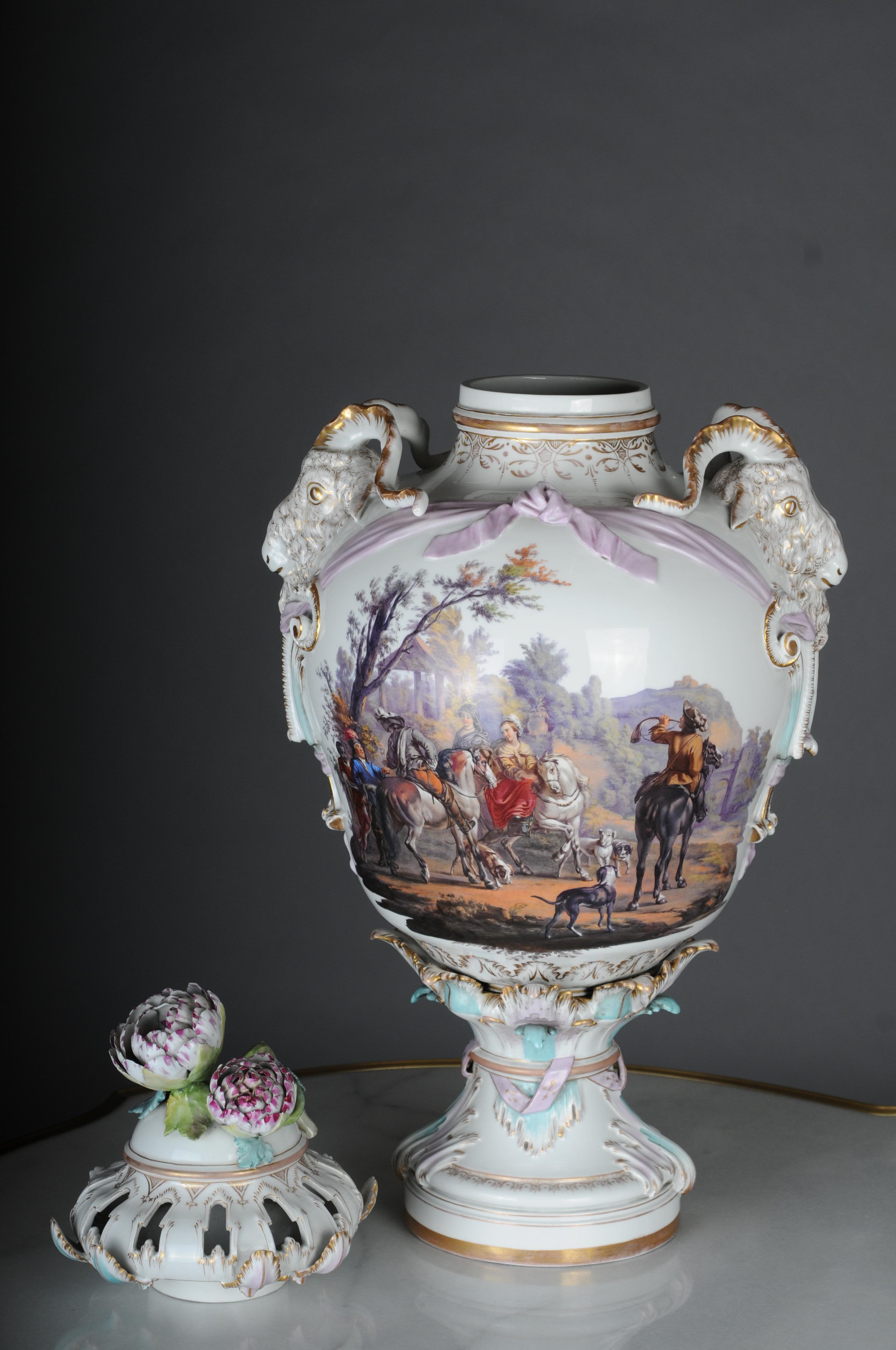 Antique KPM Berlin potpourri vases with Watteau scenes around 1830, 64 cm For Sale 13
