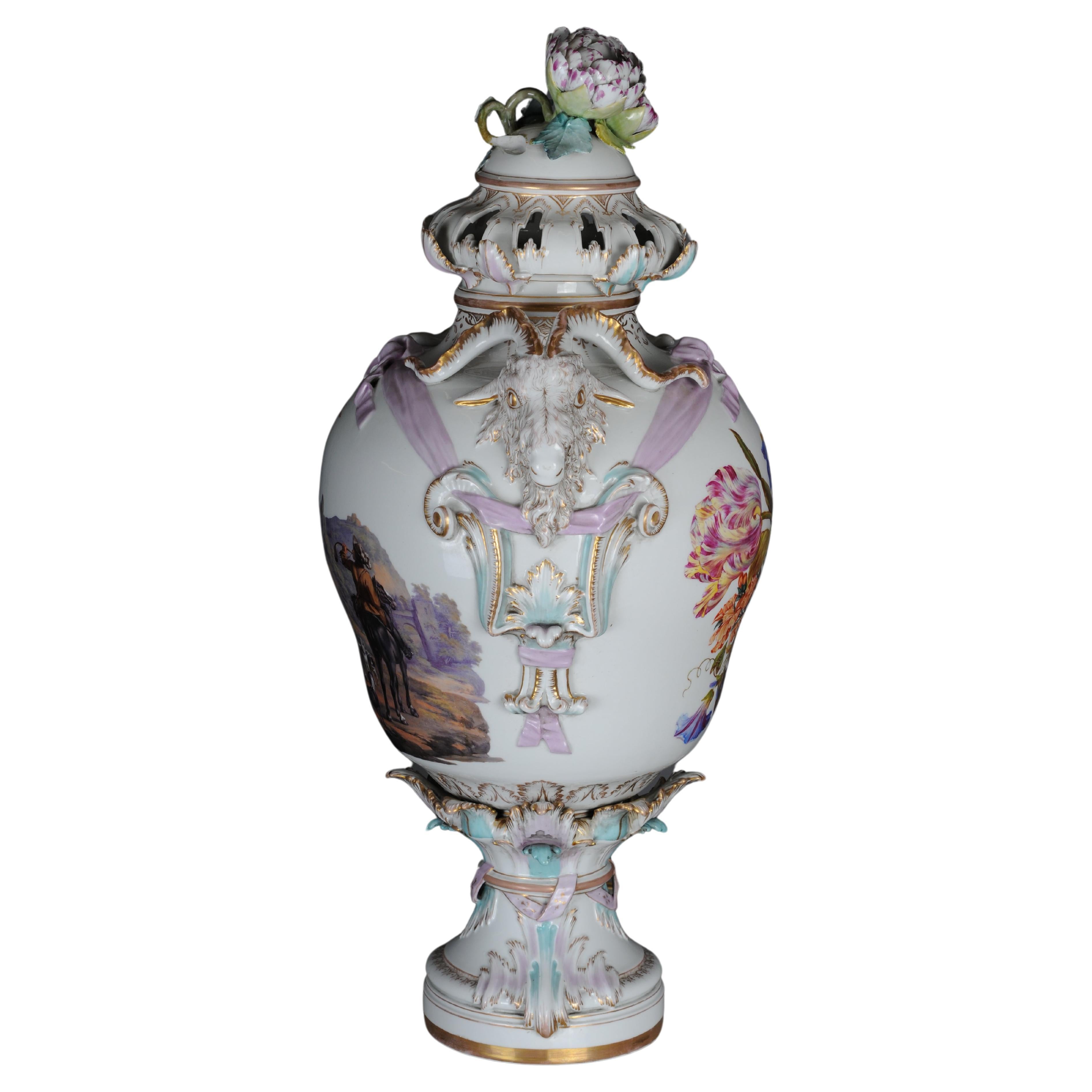 German Antique KPM Berlin potpourri vases with Watteau scenes around 1830, 64 cm For Sale