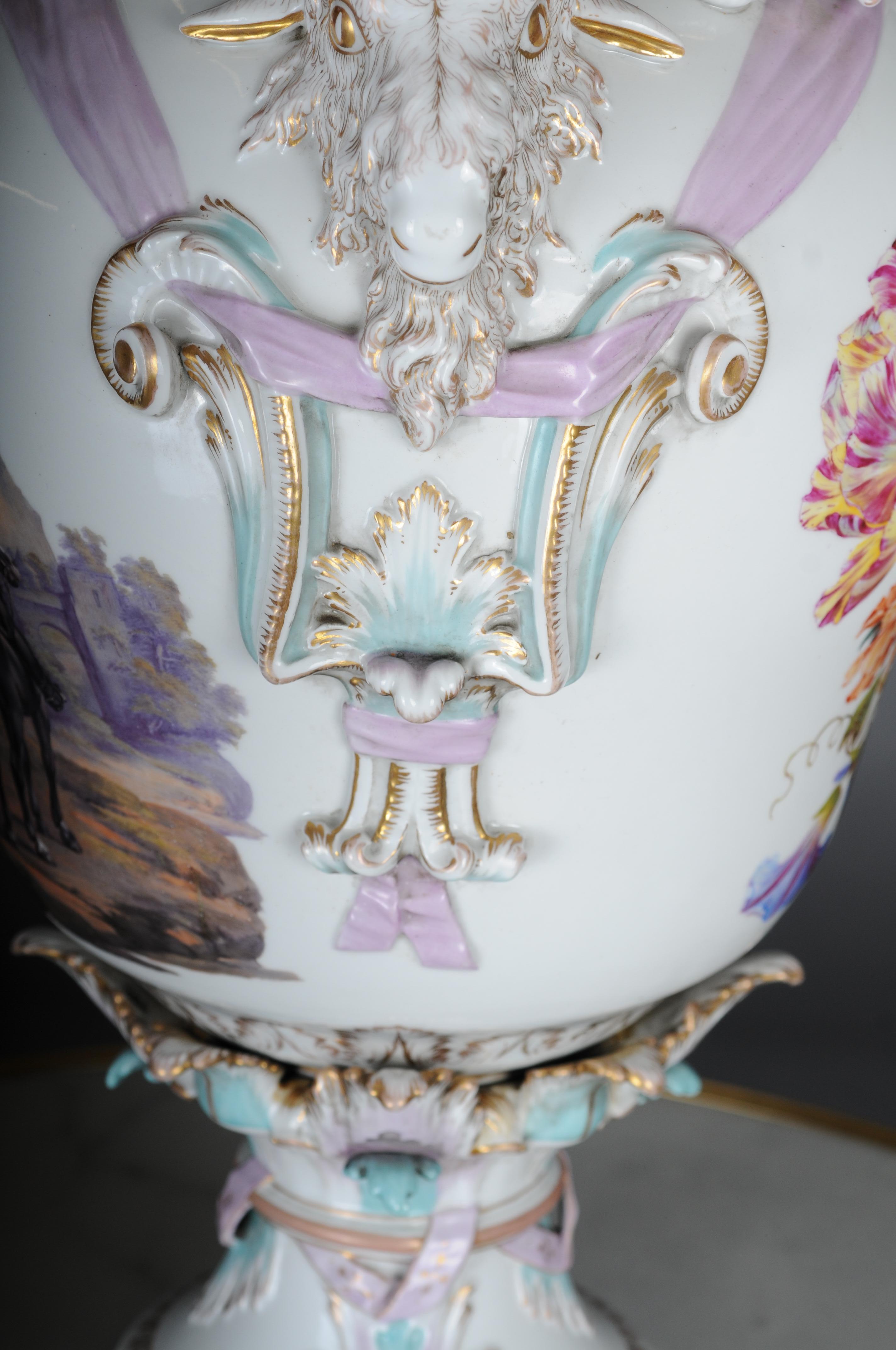 Porcelain Antique KPM Berlin potpourri vases with Watteau scenes around 1830, 64 cm For Sale