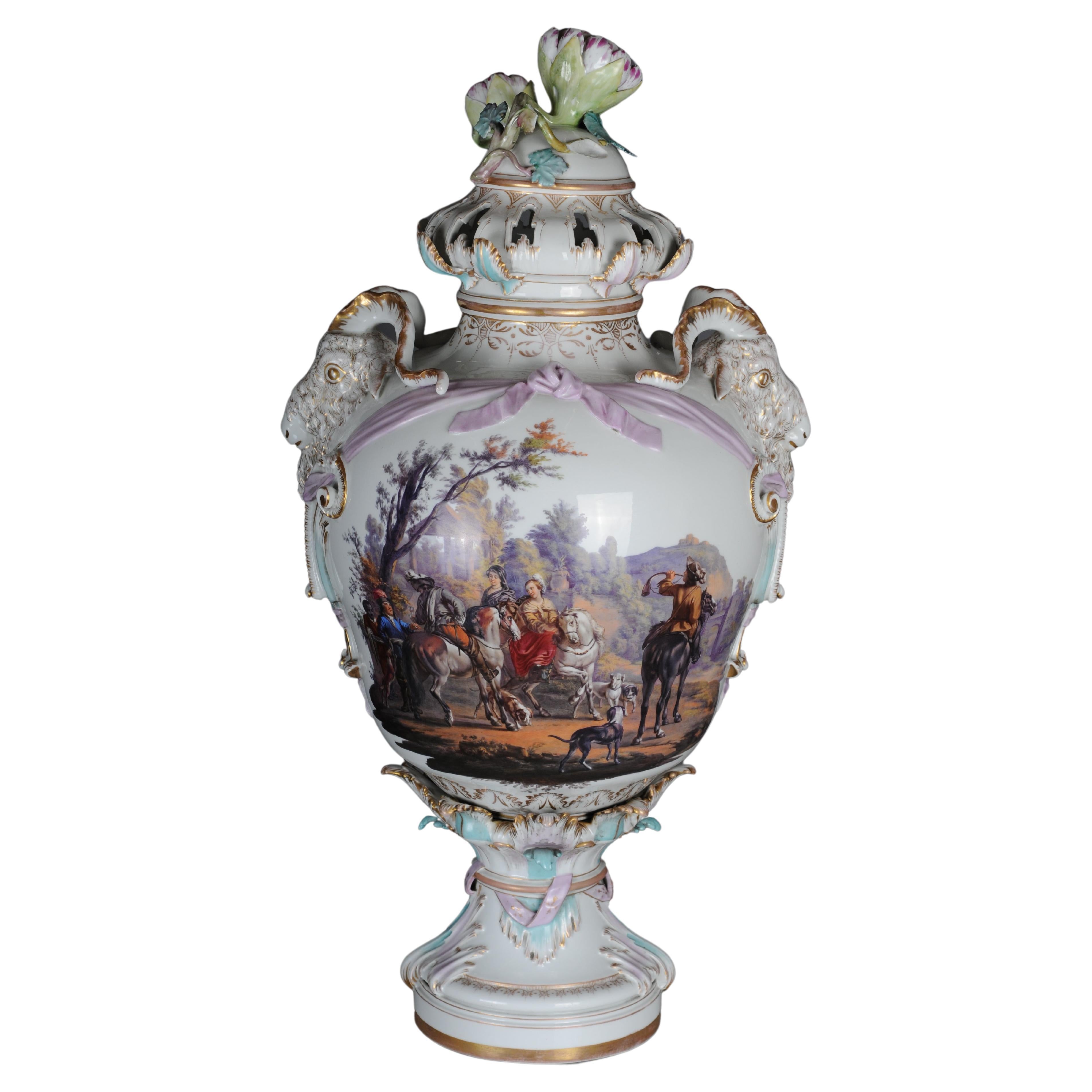 Antique KPM Berlin potpourri vases with Watteau scenes around 1830, 64 cm For Sale