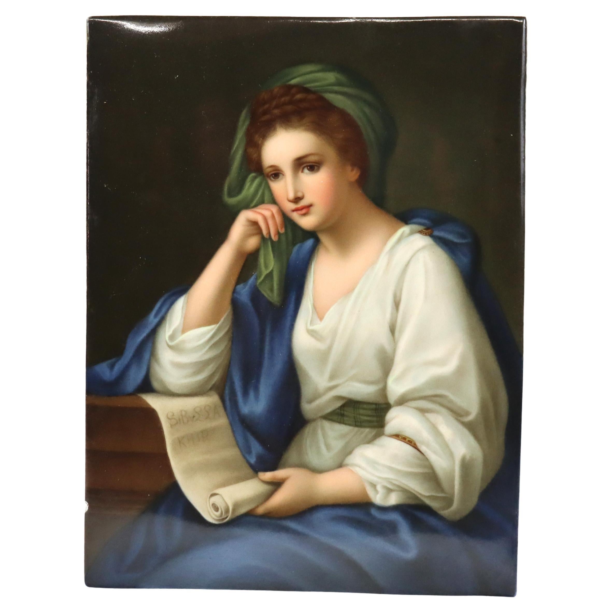 Antique KPM Porcelain Portrait Classique de Femme avec Rouleau Signé c1890 en vente