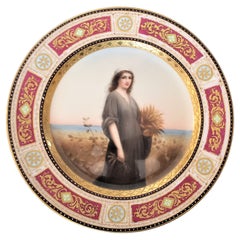 Antiguo Plato de Gabinete de Porcelana Pintado a Mano KPM que Representa a la Bíblica "Ruth"