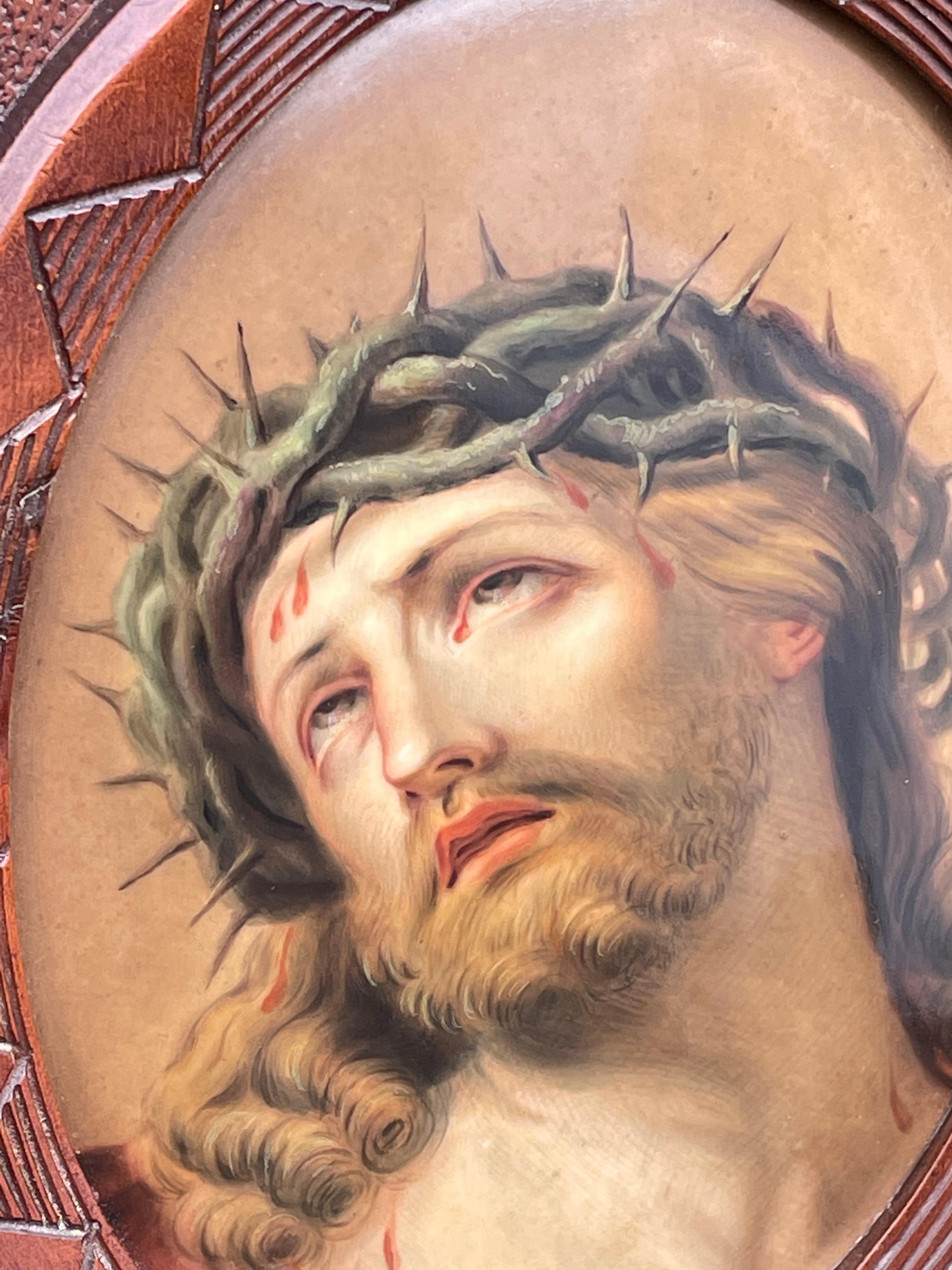Antique KPM Porcelain Plaque w. Stunning Christ Painting in Carved Nutwood Frame 3