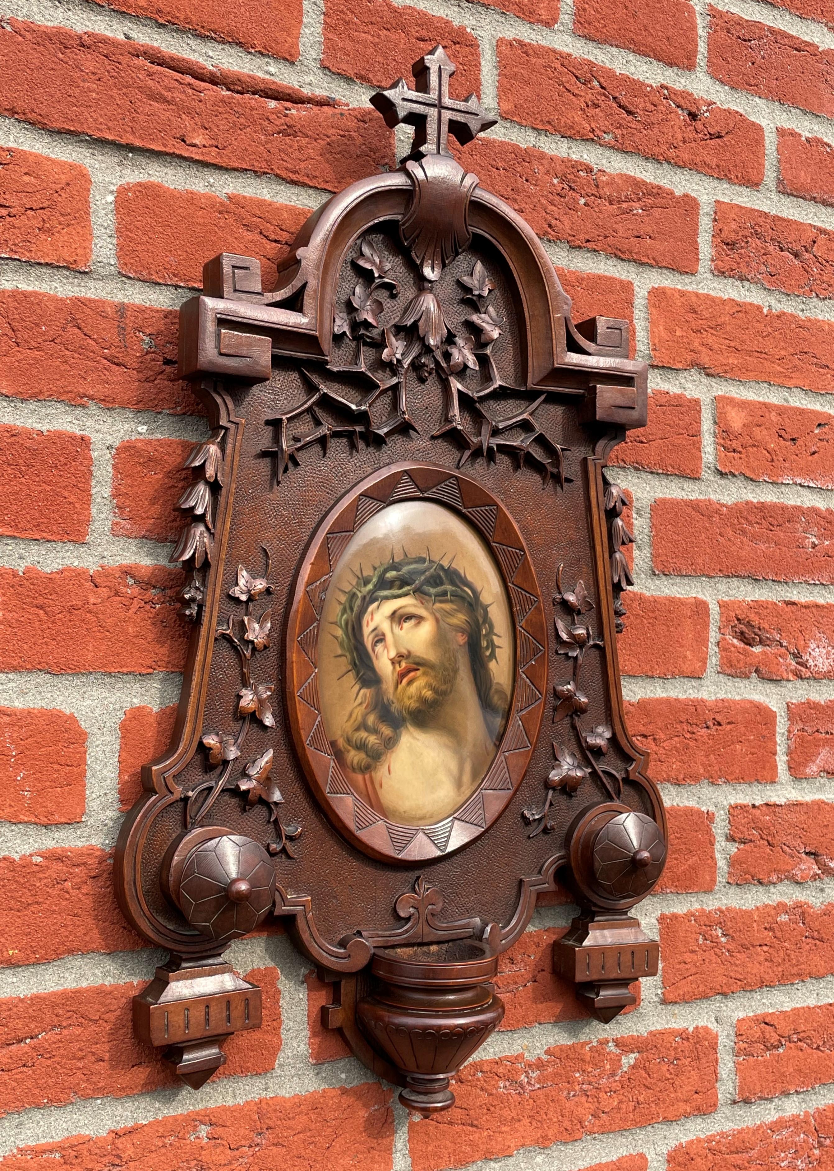 Antique KPM Porcelain Plaque w. Stunning Christ Painting in Carved Nutwood Frame 4