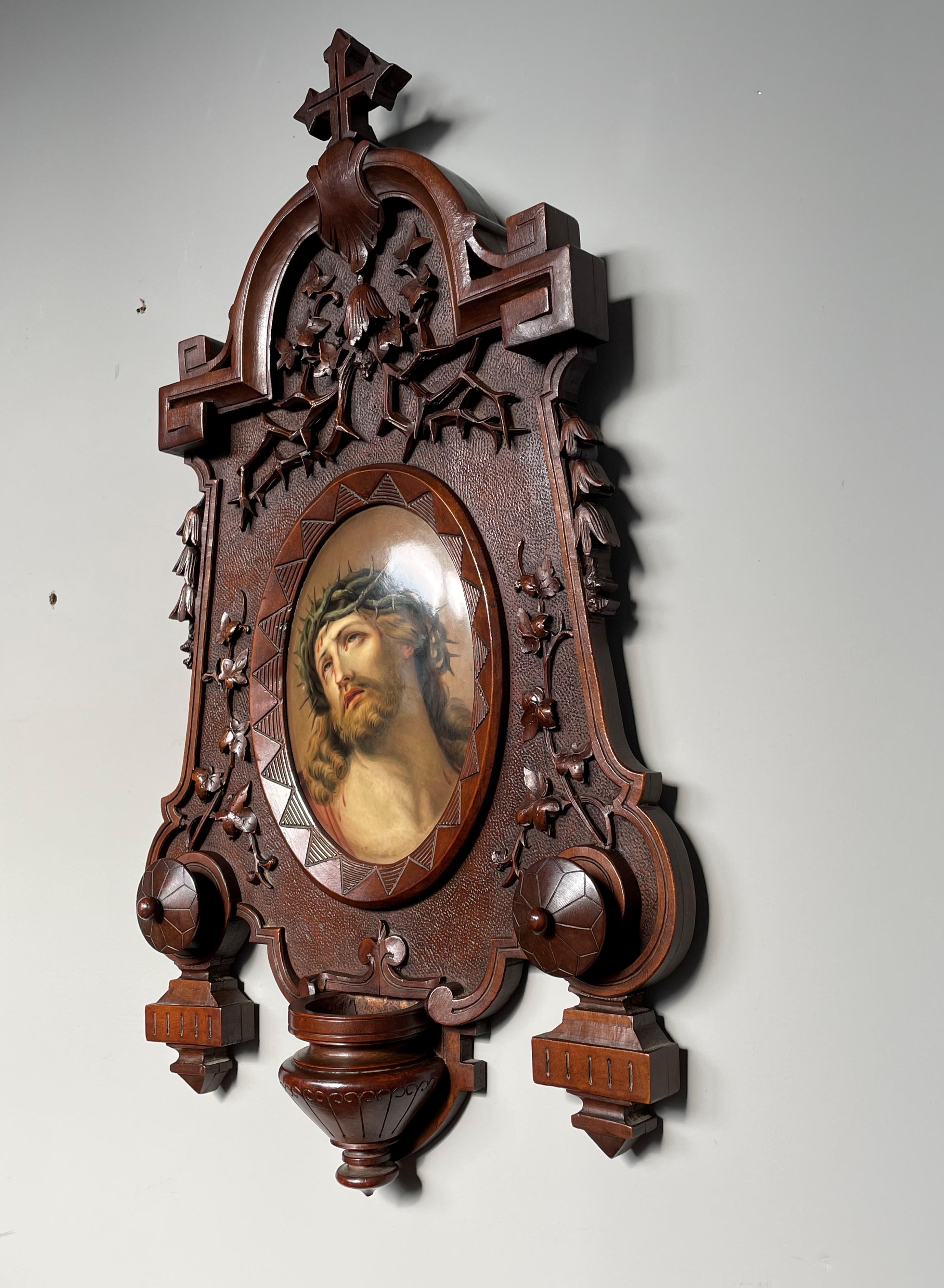 Antique KPM Porcelain Plaque w. Stunning Christ Painting in Carved Nutwood Frame 8