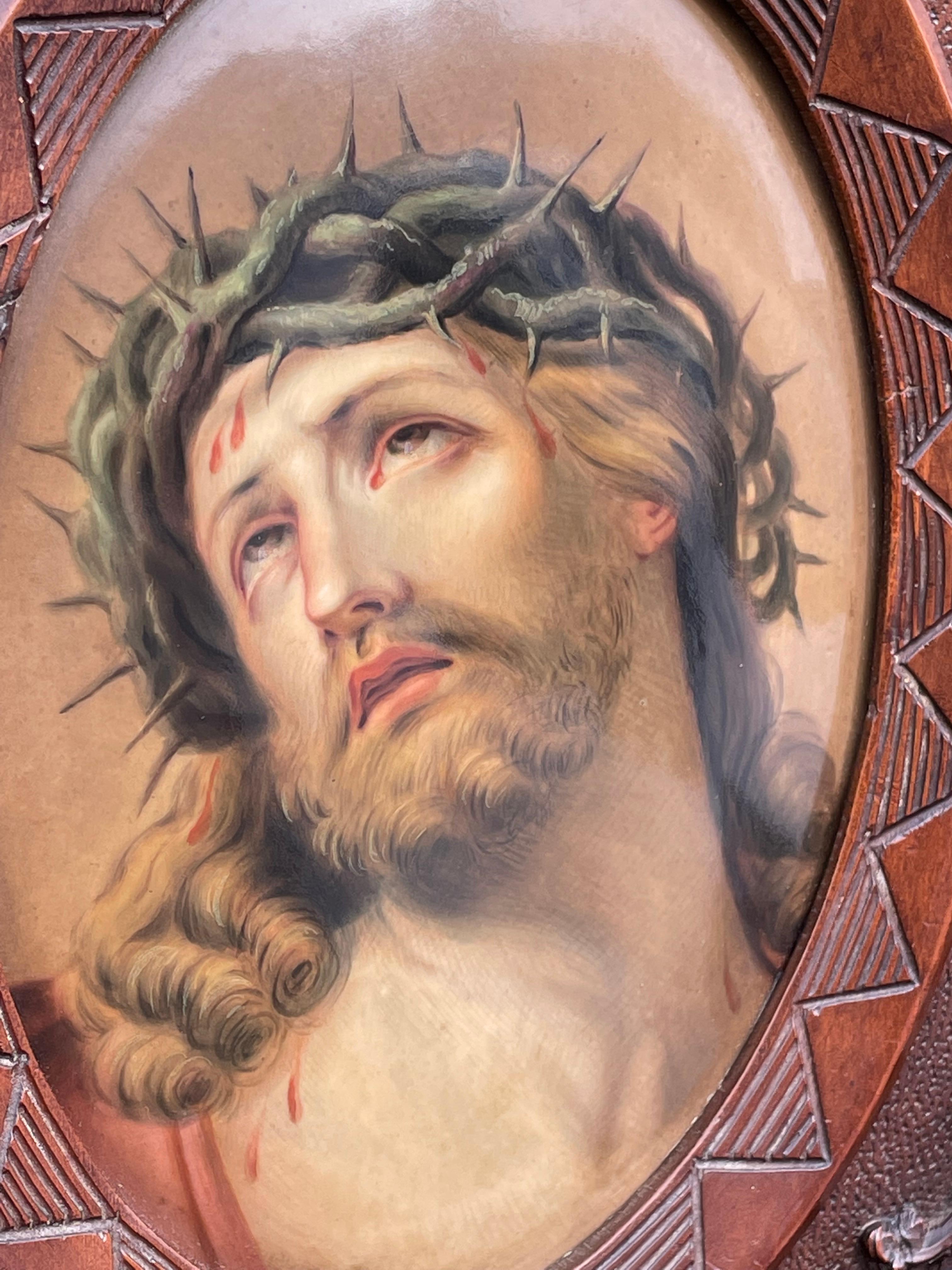 Antique KPM Porcelain Plaque w. Stunning Christ Painting in Carved Nutwood Frame 12