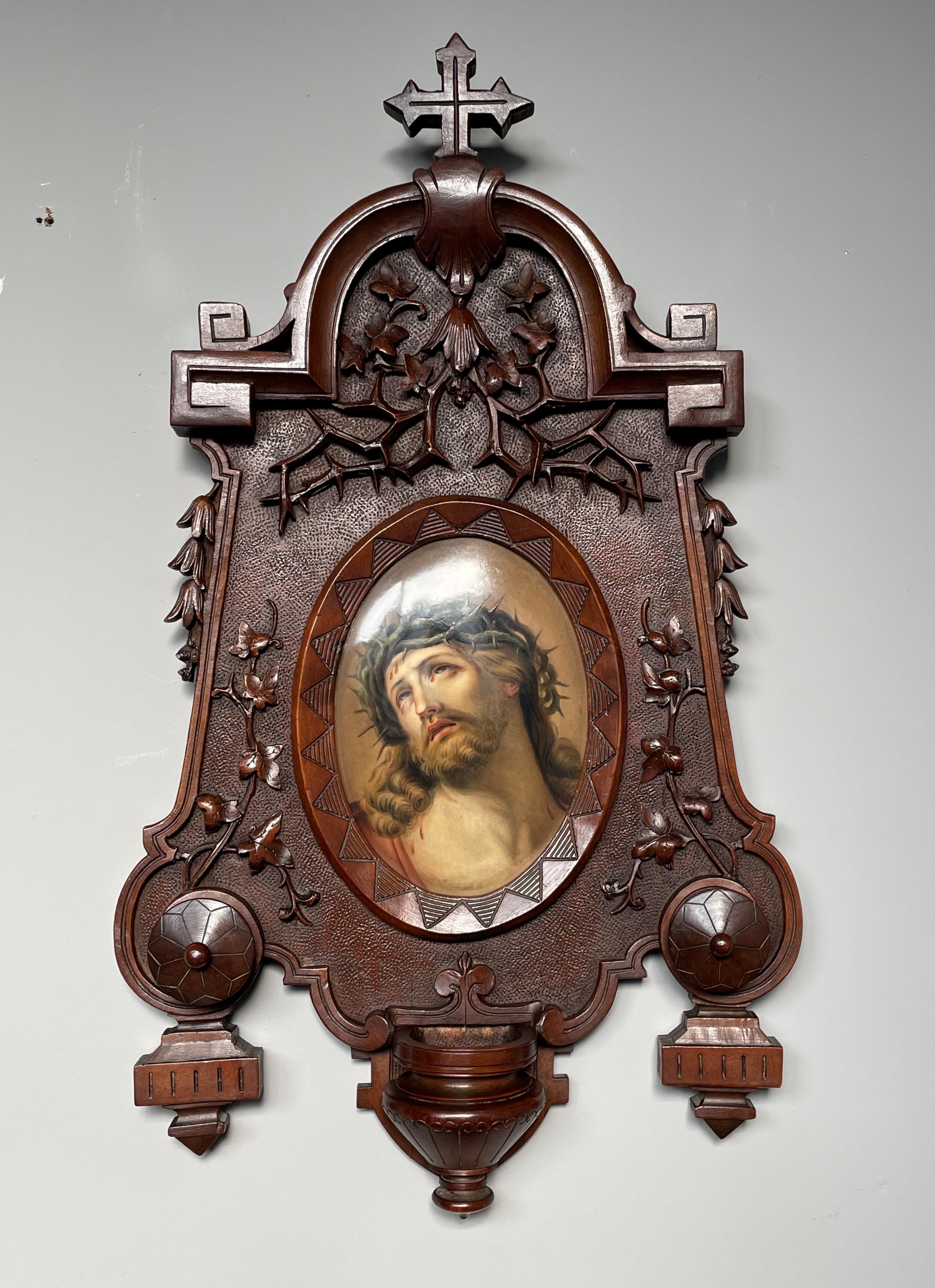 Hand painted image of Christ on a porcelain plaque by Königliche Porzellan-Manufaktur, Germany circa 1900.

The details in this antique work of art and the materials that were used, make this one of the most beautiful and impressive religious