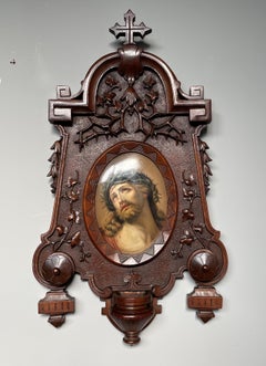 Antique KPM Porcelain Plaque w. Stunning Christ Painting in Carved Nutwood Frame
