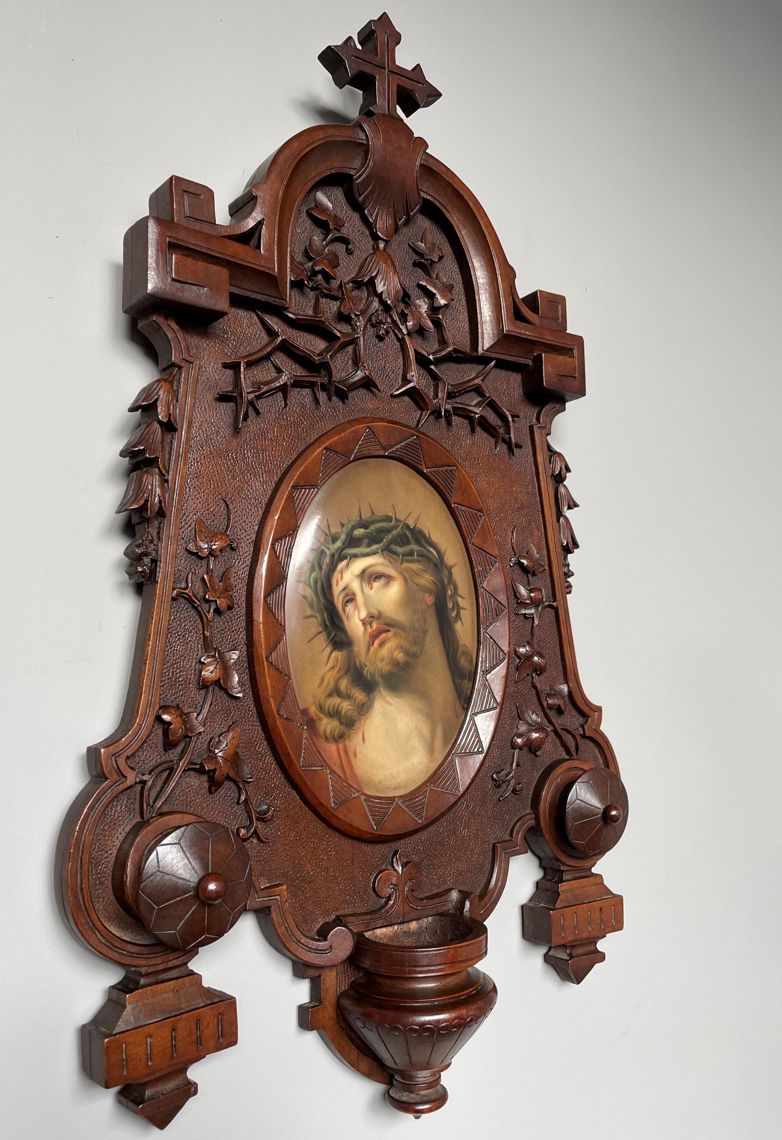 Antique KPM Porcelain Plaque w. Stunning Christ Painting in Carved Nutwood Frame 13
