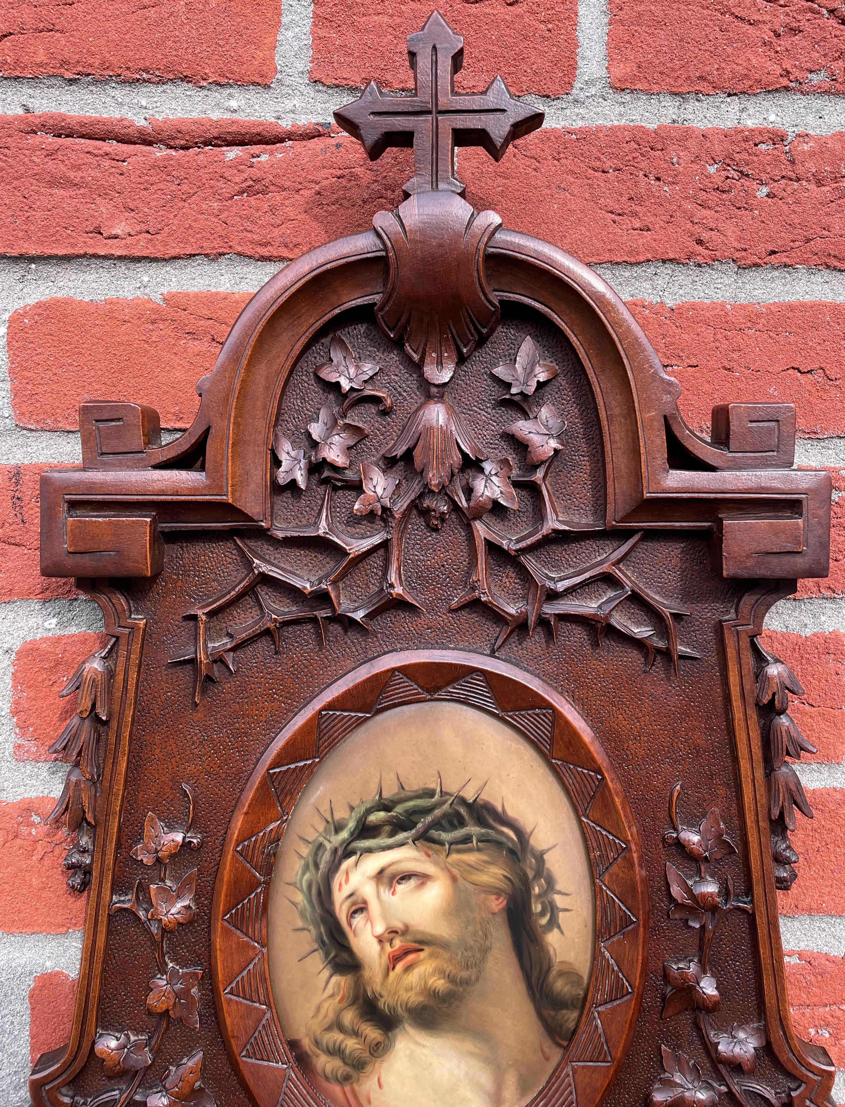 Arts and Crafts Antique KPM Porcelain Plaque w. Stunning Christ Painting in Carved Nutwood Frame