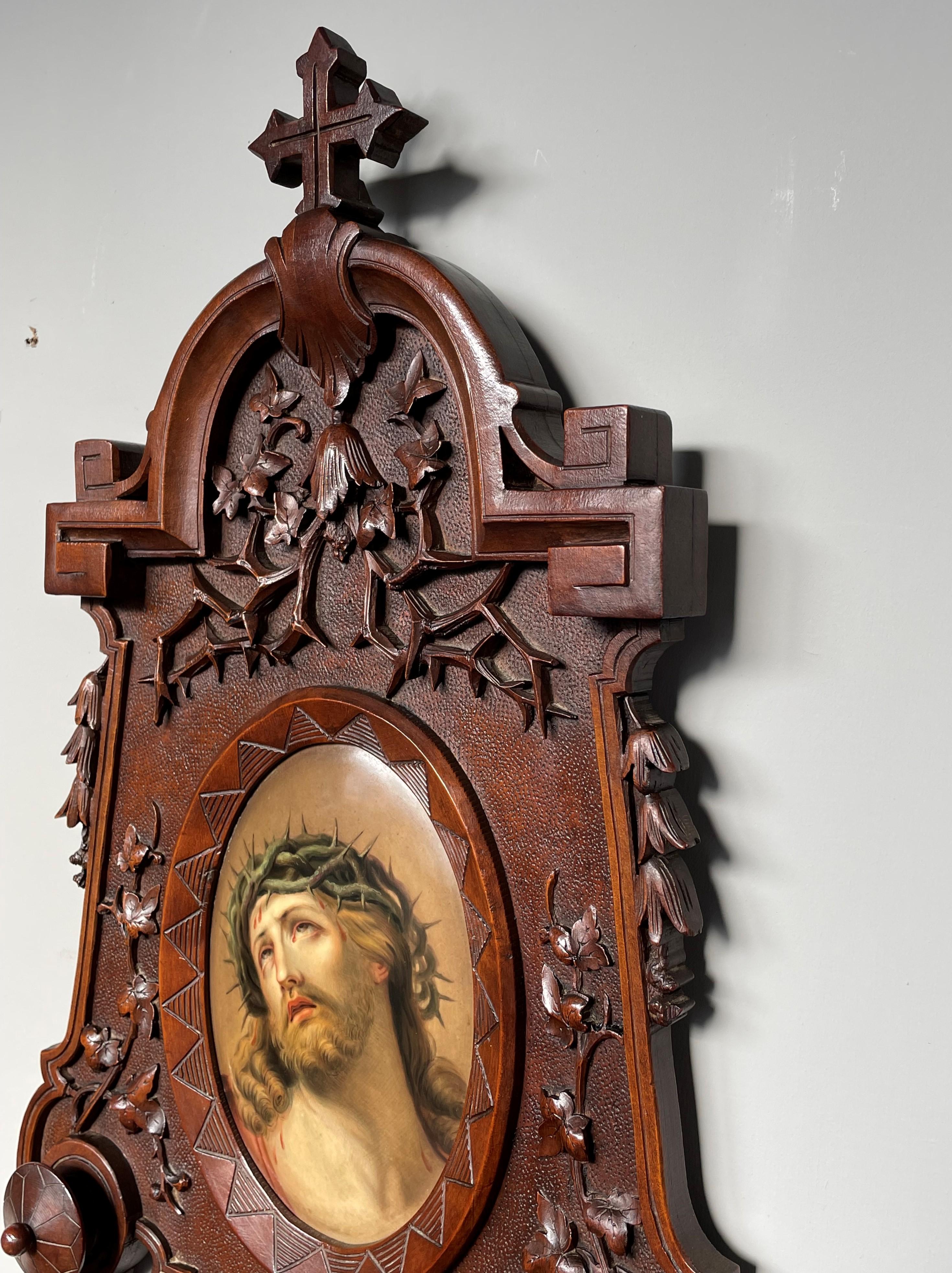 German Antique KPM Porcelain Plaque w. Stunning Christ Painting in Carved Nutwood Frame