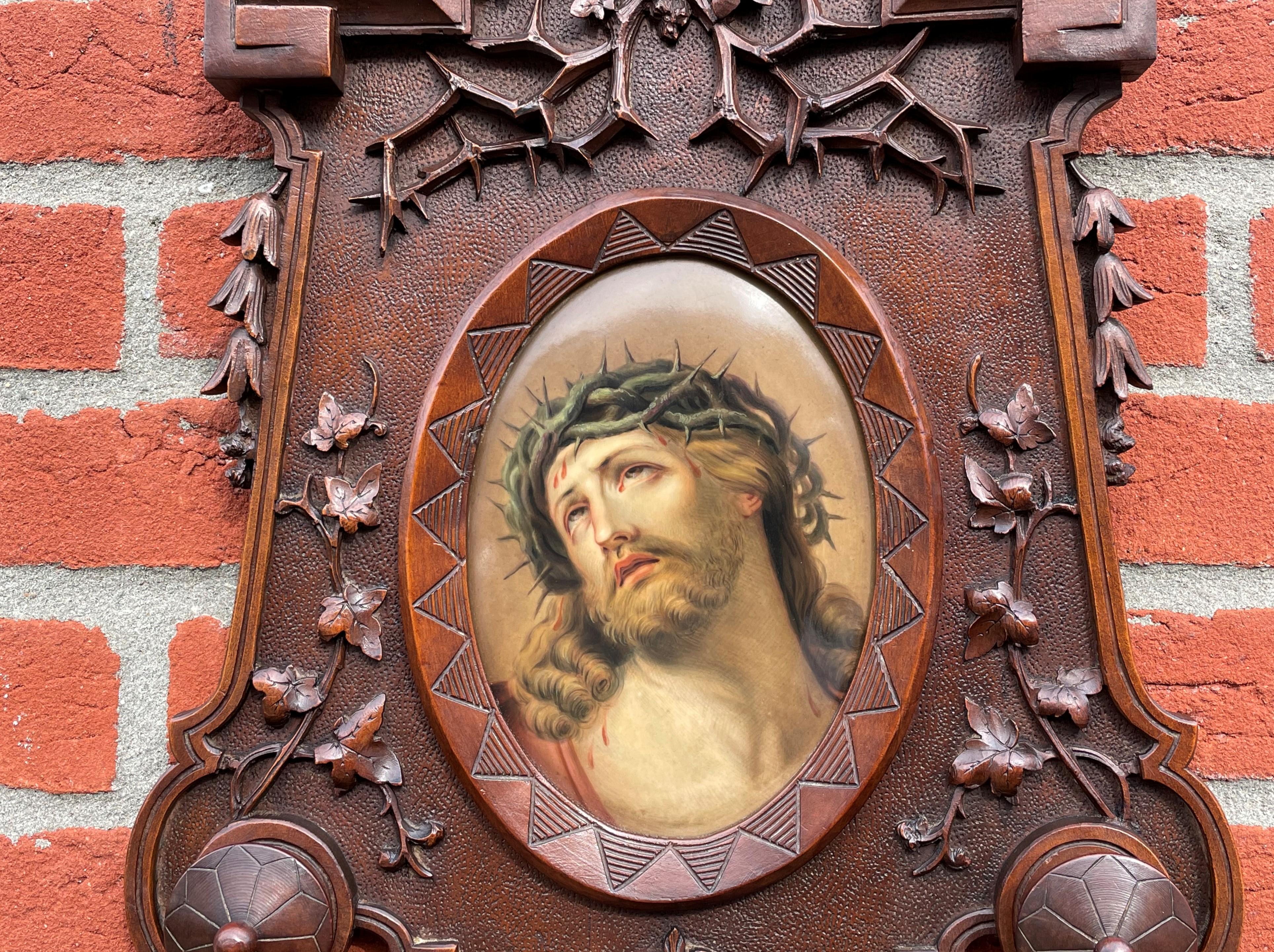 Hand-Carved Antique KPM Porcelain Plaque w. Stunning Christ Painting in Carved Nutwood Frame