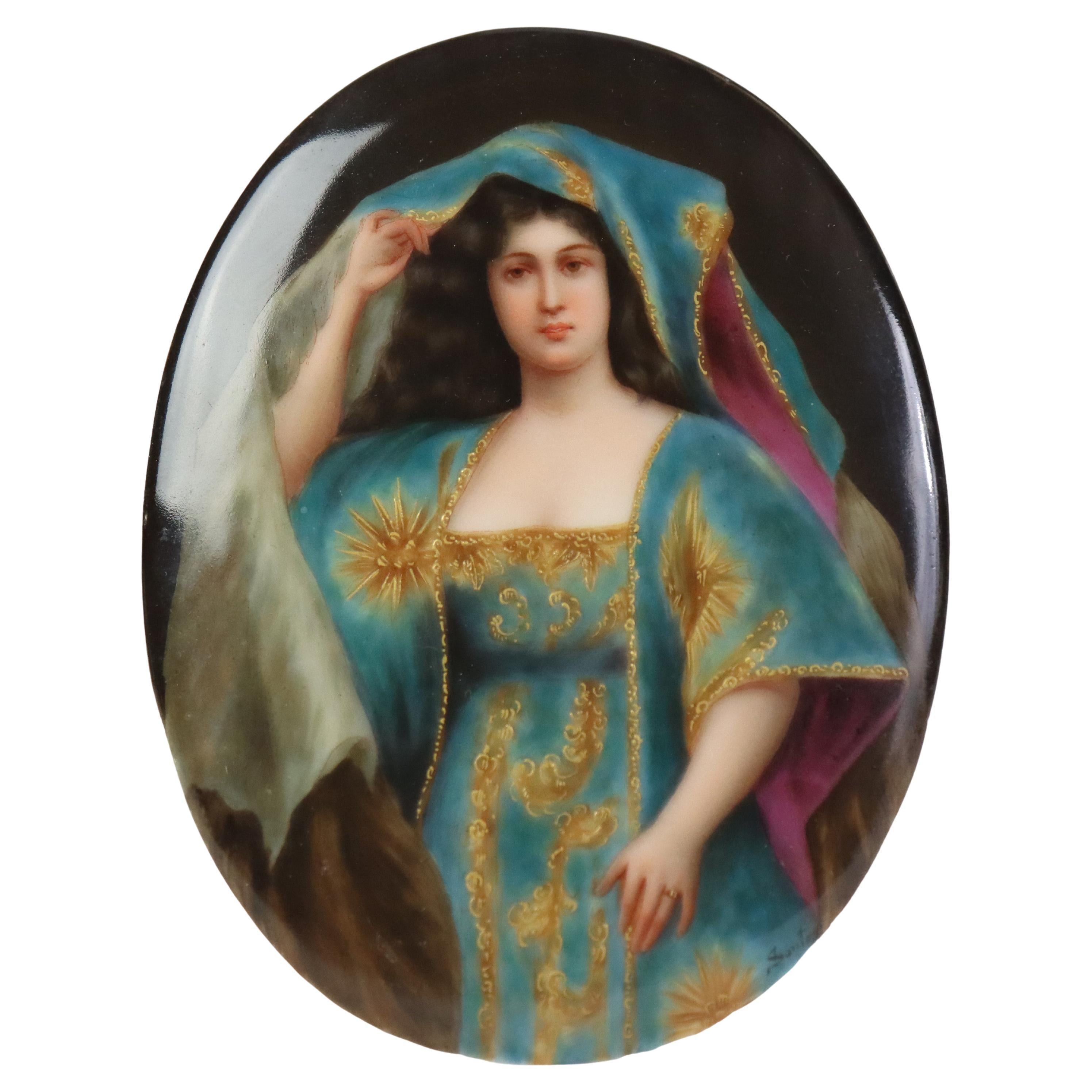 Ancienne plaque de portrait en porcelaine KPM d'une femme d'après A Hermann Sontag c1890