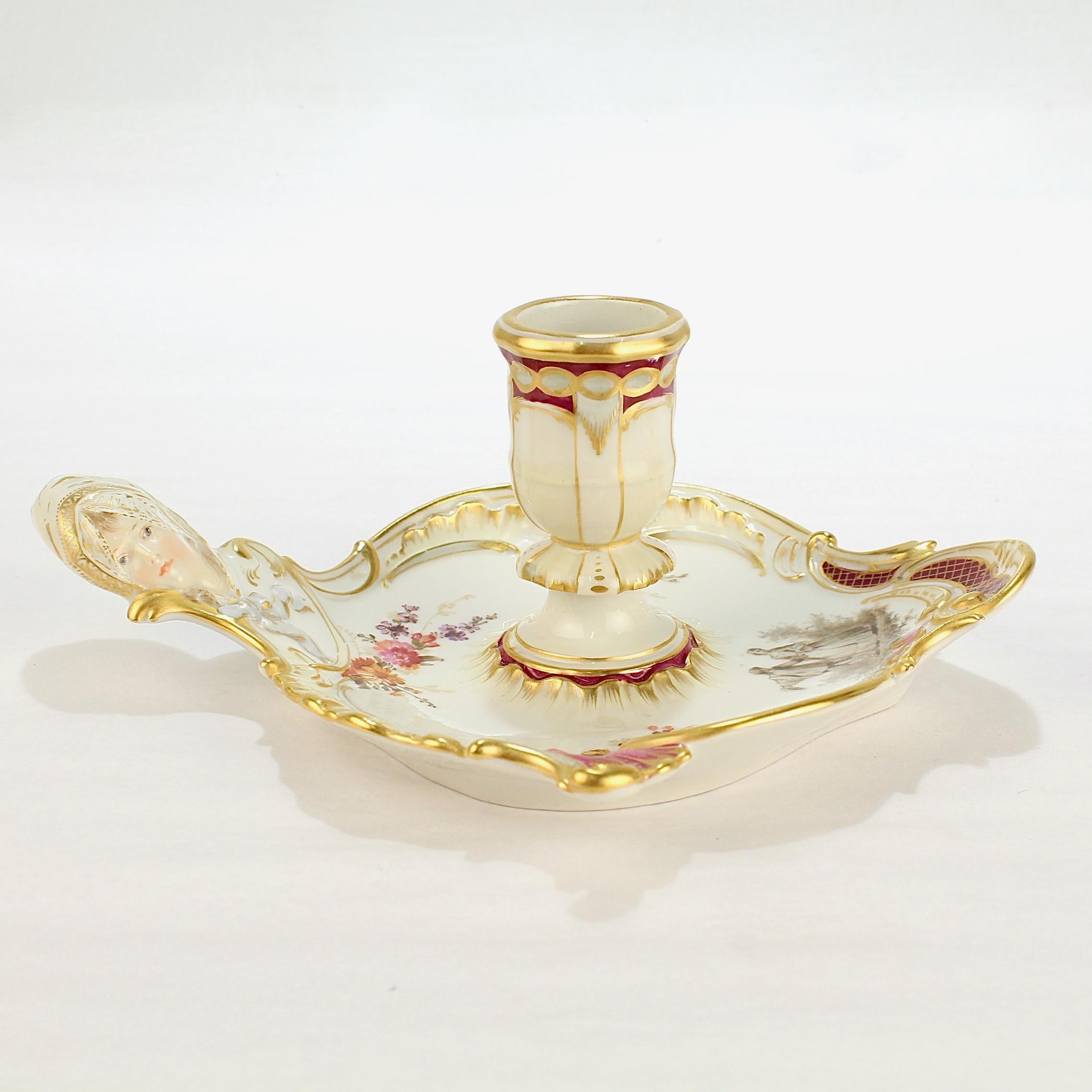 Antique KPM Royal Berlin Porcelain Chamberstick with a Maiden's Head Handle In Good Condition For Sale In Philadelphia, PA
