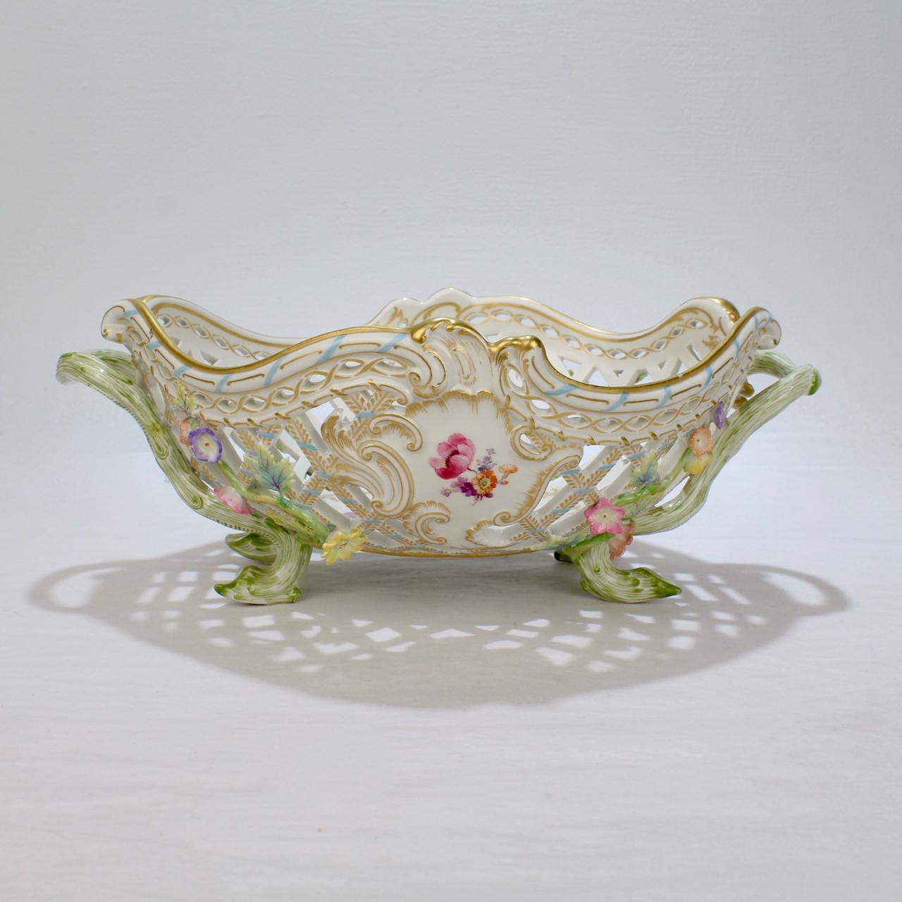 Rococo Antique KPM Royal Berlin Porcelain Flower Encrusted Reticulated Fruit Basket For Sale