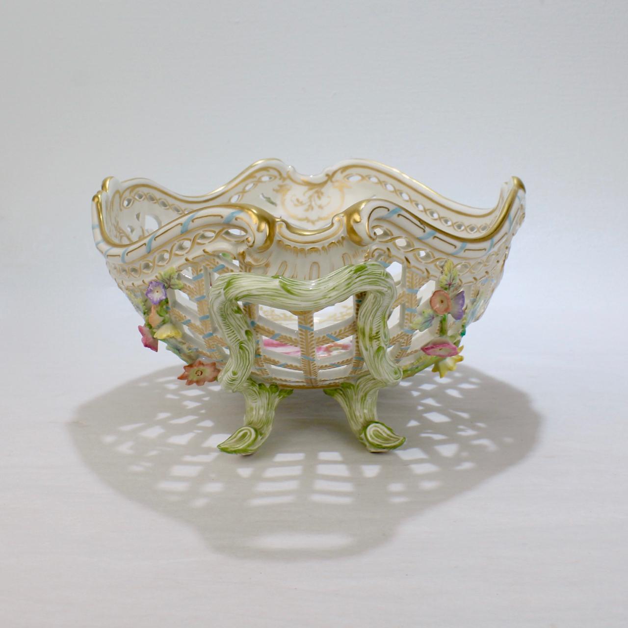 19th Century Antique KPM Royal Berlin Porcelain Flower Encrusted Reticulated Fruit Basket For Sale