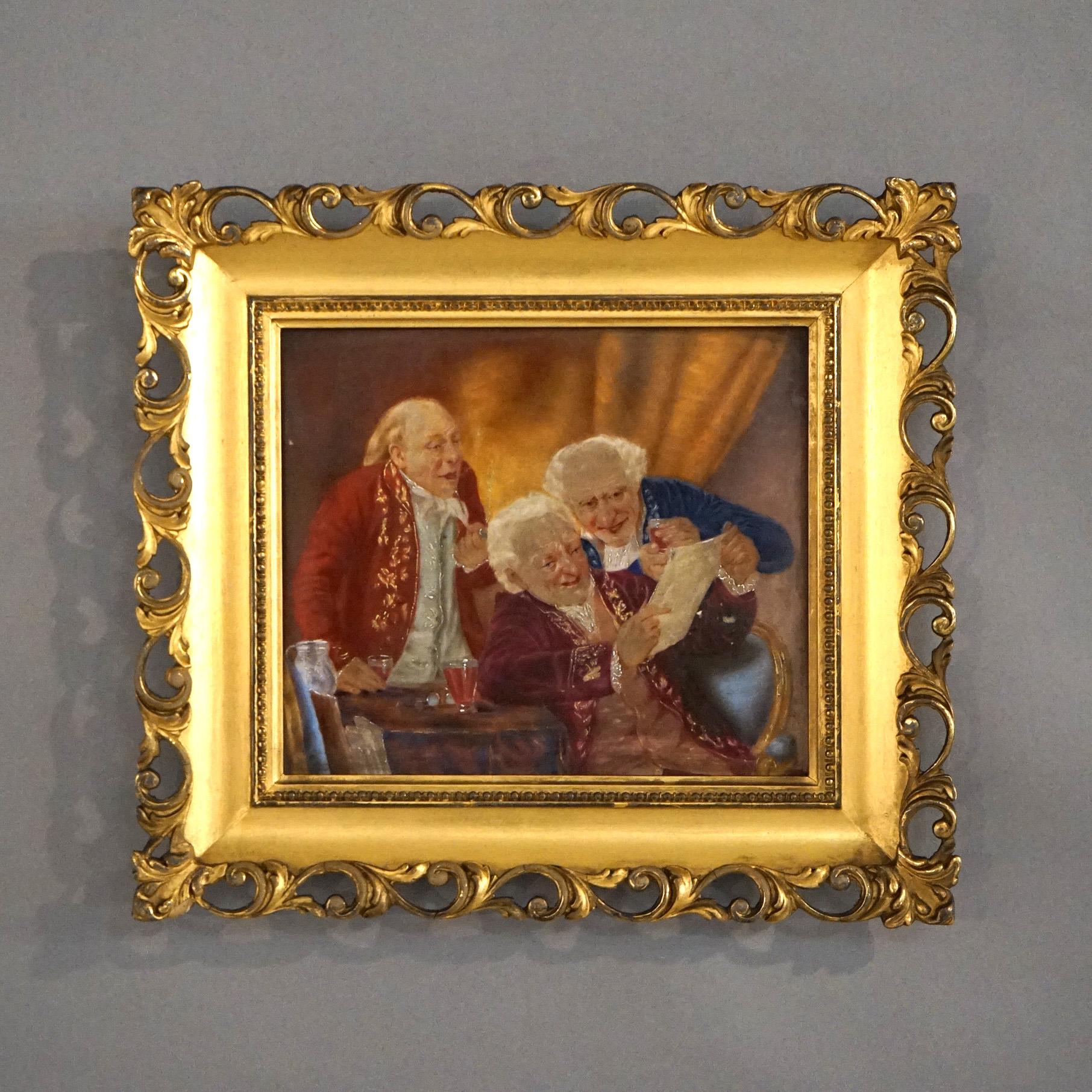 An antique genre painting on porcelain in the manner of KPM offers interior scene with figures, seated in reticulated foliate form giltwood frame, 19th century

Measures - 11
