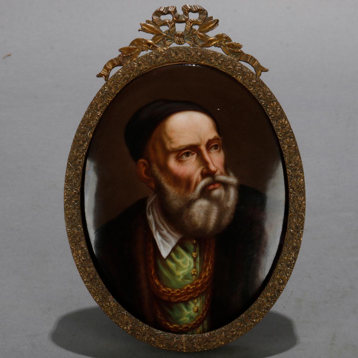 An antique portrait painting on porcelain in the manner of KPM offers portrait of Titan XXI, seated in cast frame with ribbon and bow crest, circa 1890

Measures: 5.25