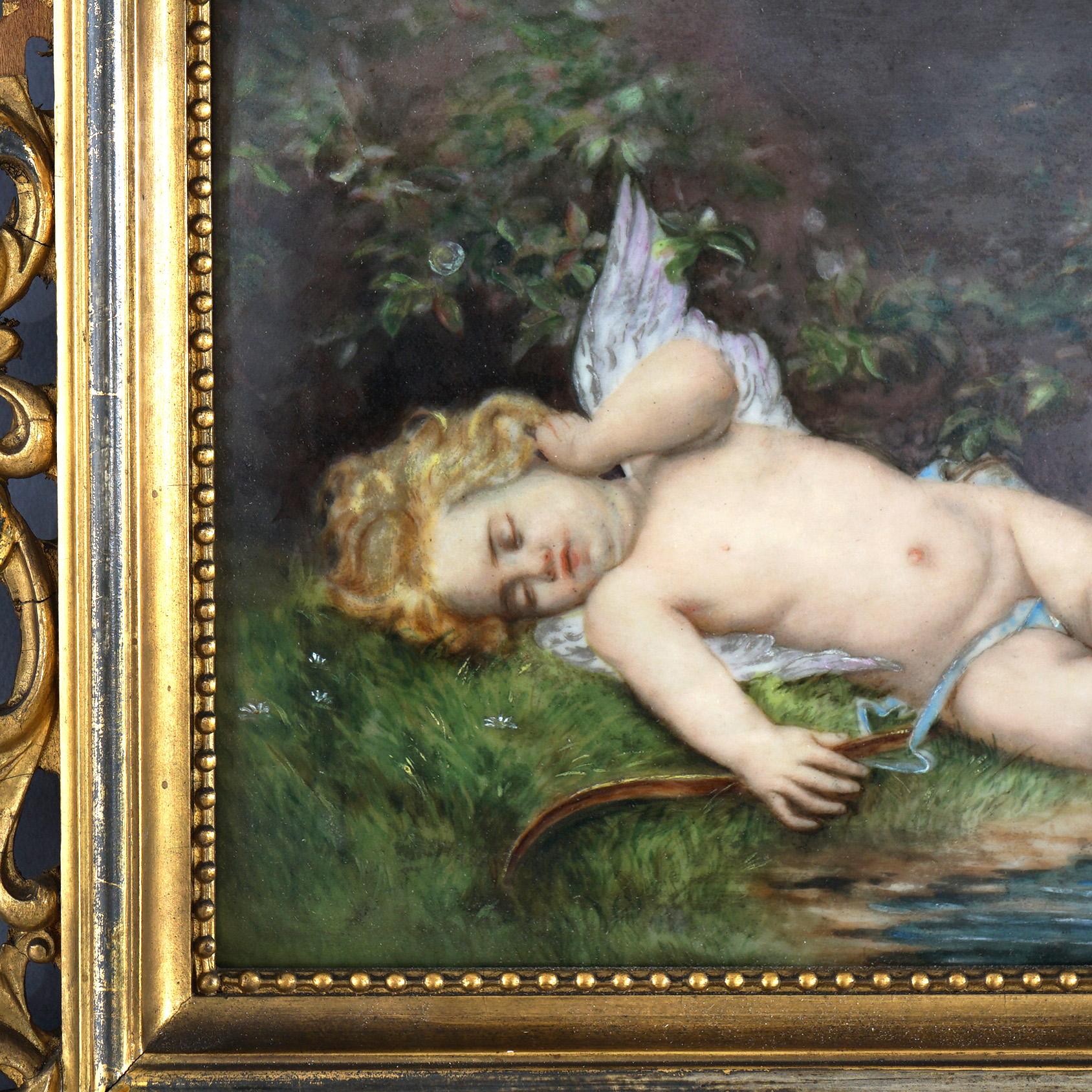 Hand-Painted Antique KPM School Painting of Cupid on Porcelain in Giltwood Frame 19thC