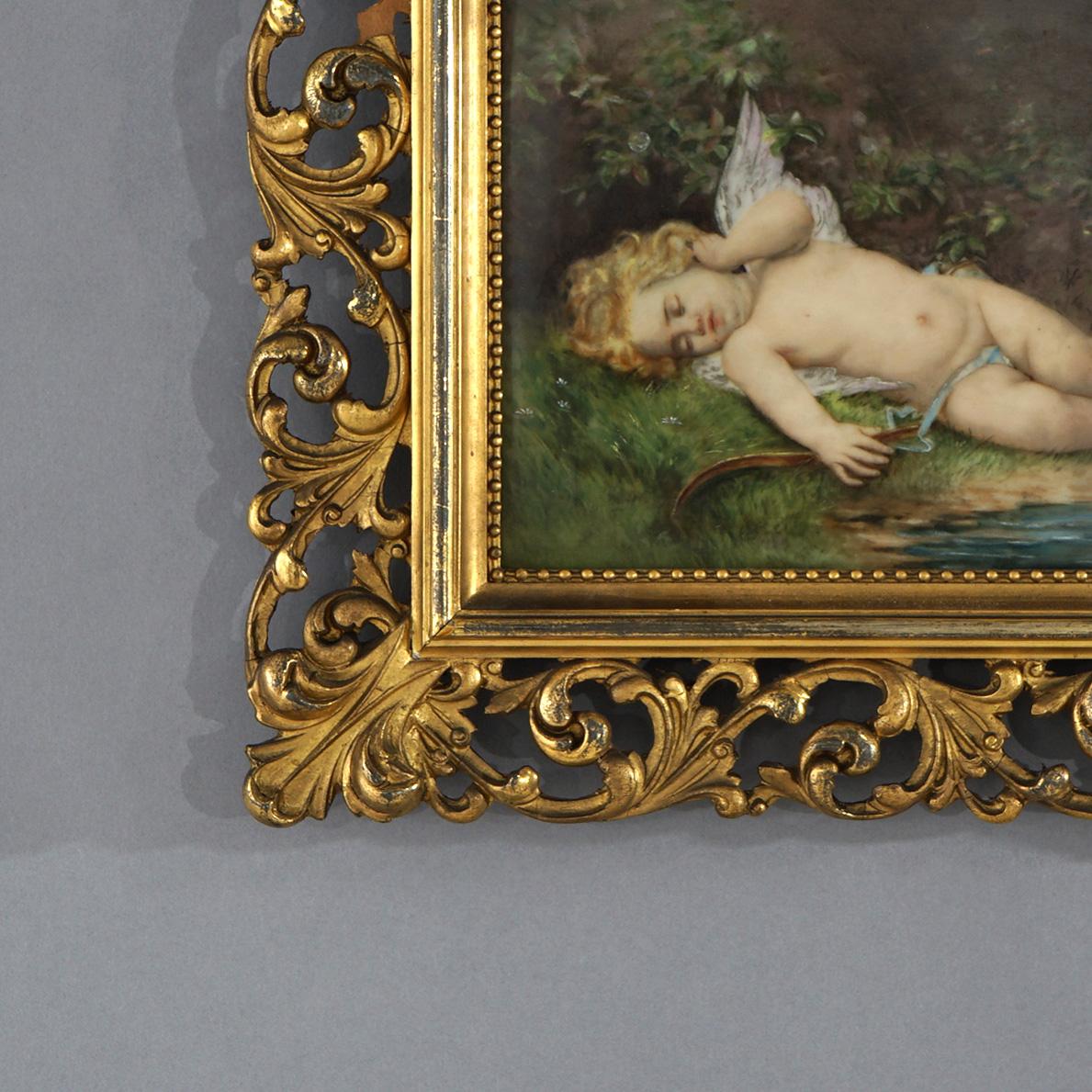 Antique KPM School Painting of Cupid on Porcelain in Giltwood Frame 19thC In Good Condition In Big Flats, NY
