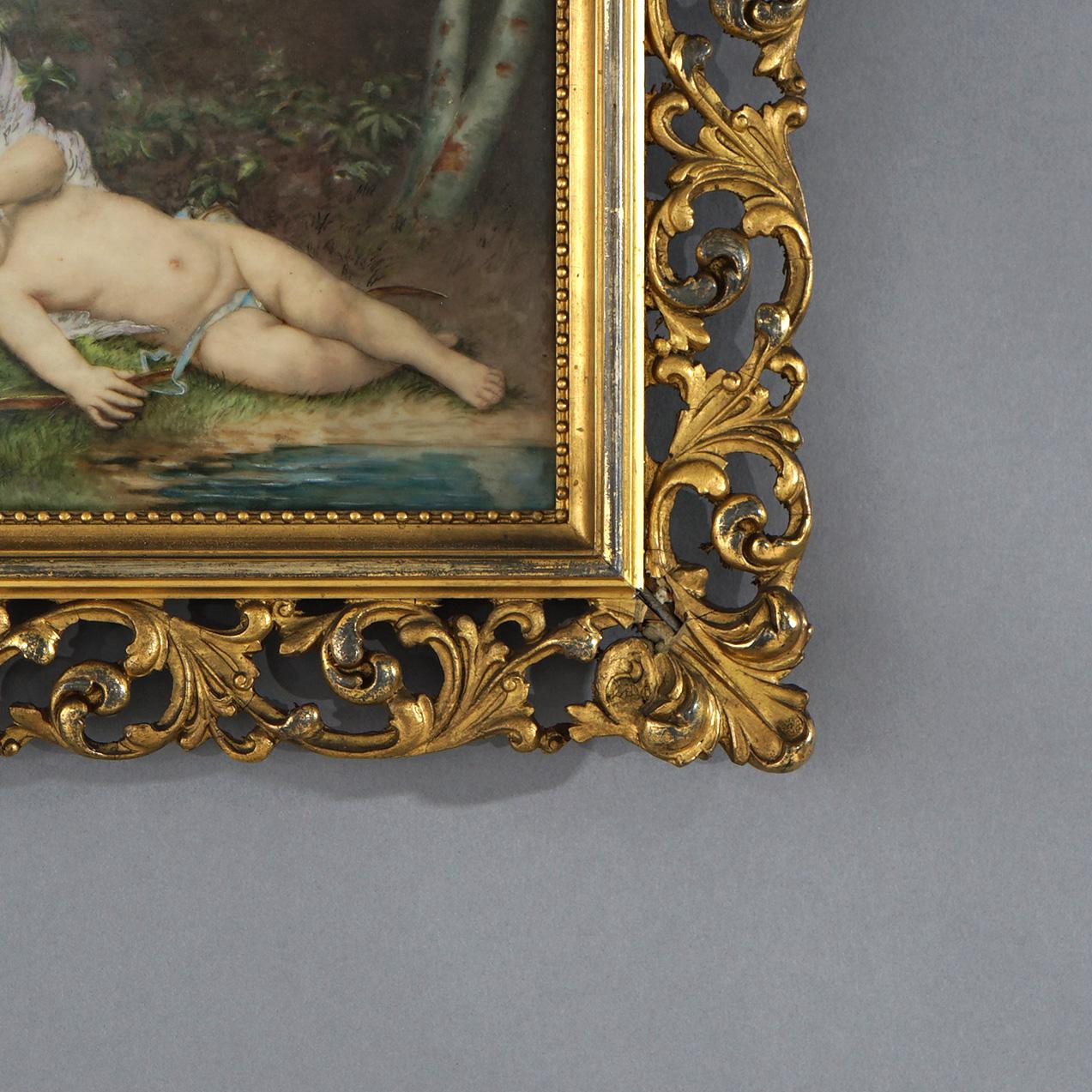 19th Century Antique KPM School Painting of Cupid on Porcelain in Giltwood Frame 19thC