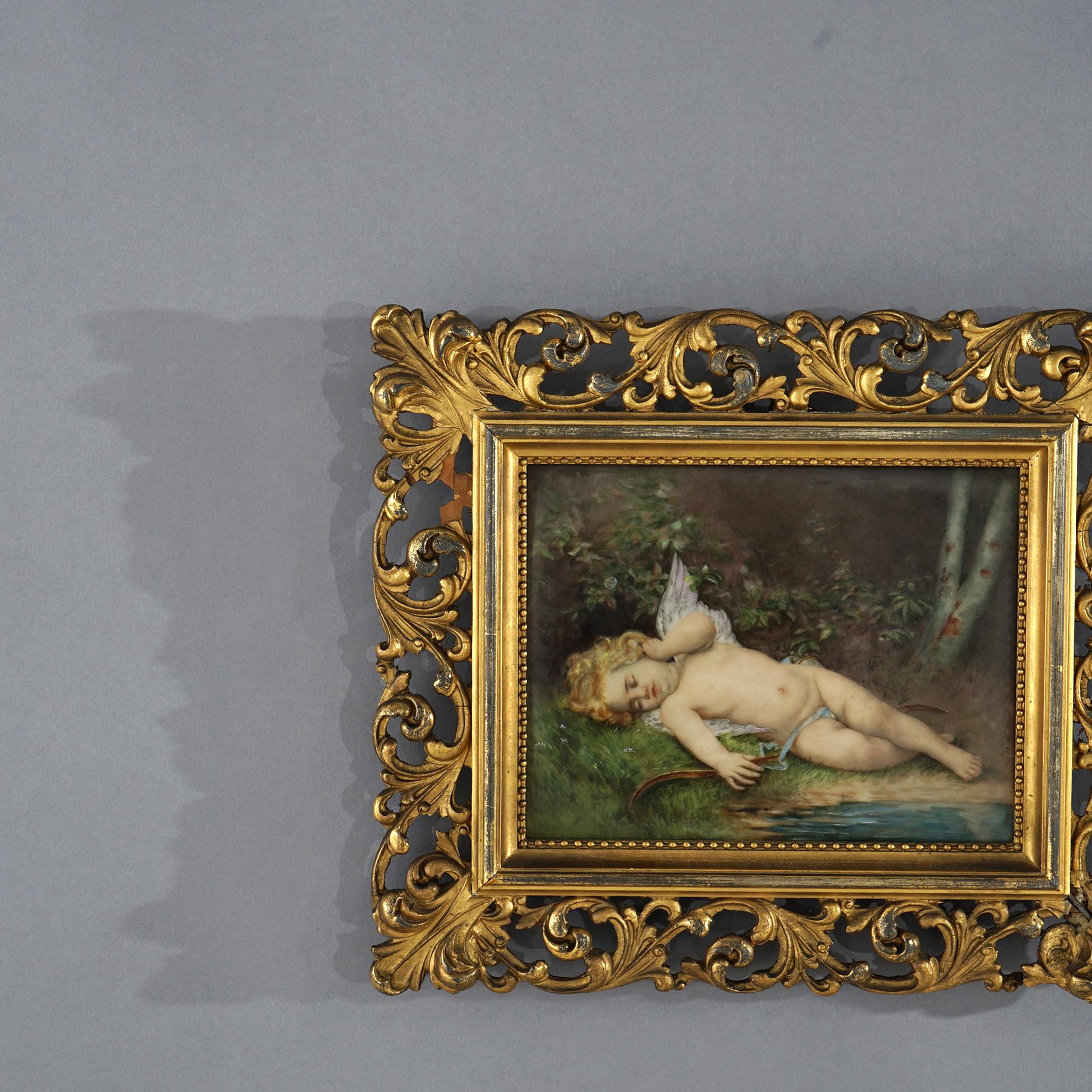 Antique KPM School Painting of Cupid on Porcelain in Giltwood Frame 19thC 1