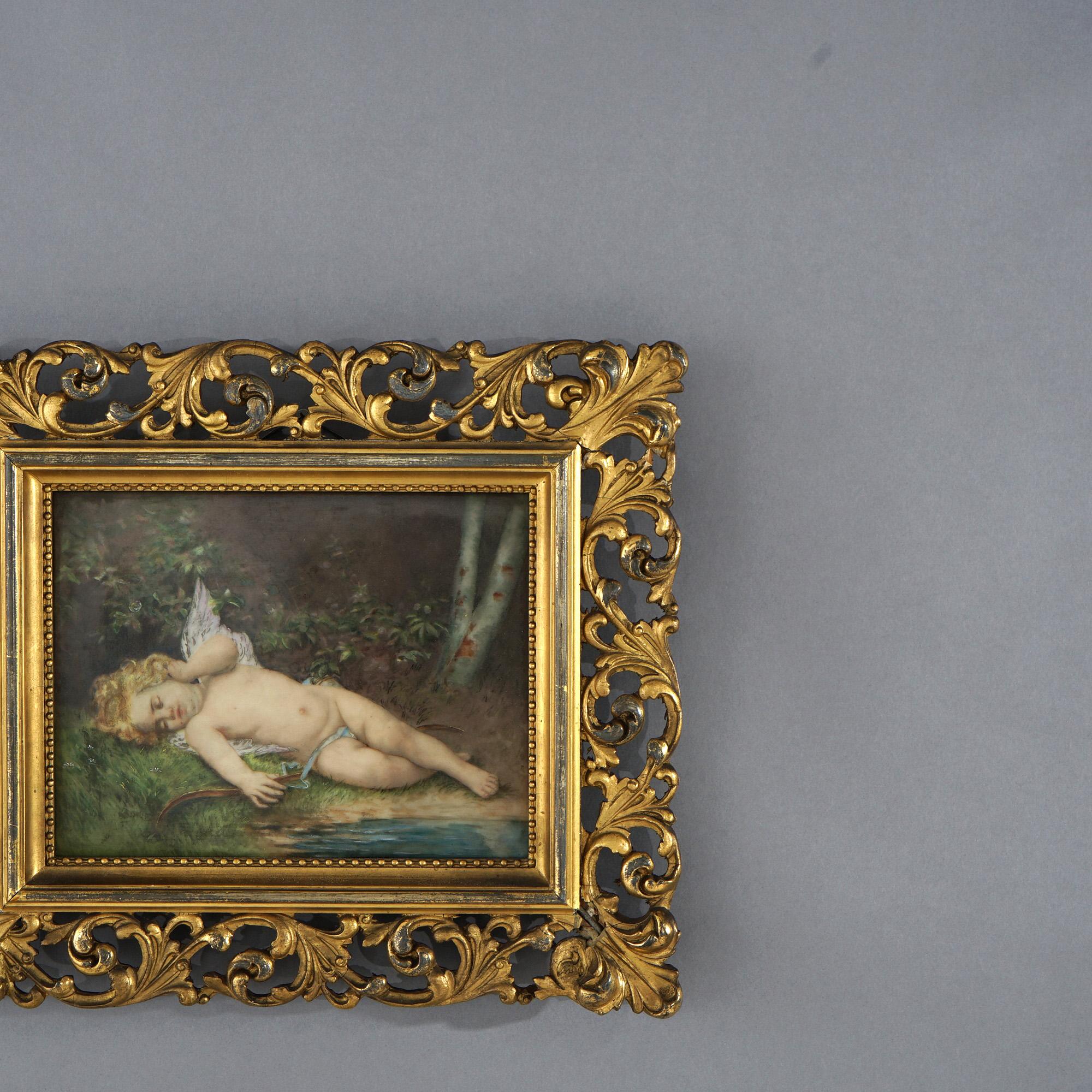 Antique KPM School Painting of Cupid on Porcelain in Giltwood Frame 19thC 2