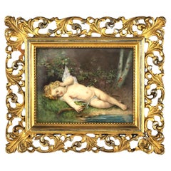 Antique KPM School Painting of Cupid on Porcelain in Giltwood Frame 19thC