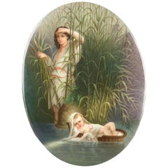 Antique KPM School Painting on Porcelain of Baby Moses in Basket, circa 1890