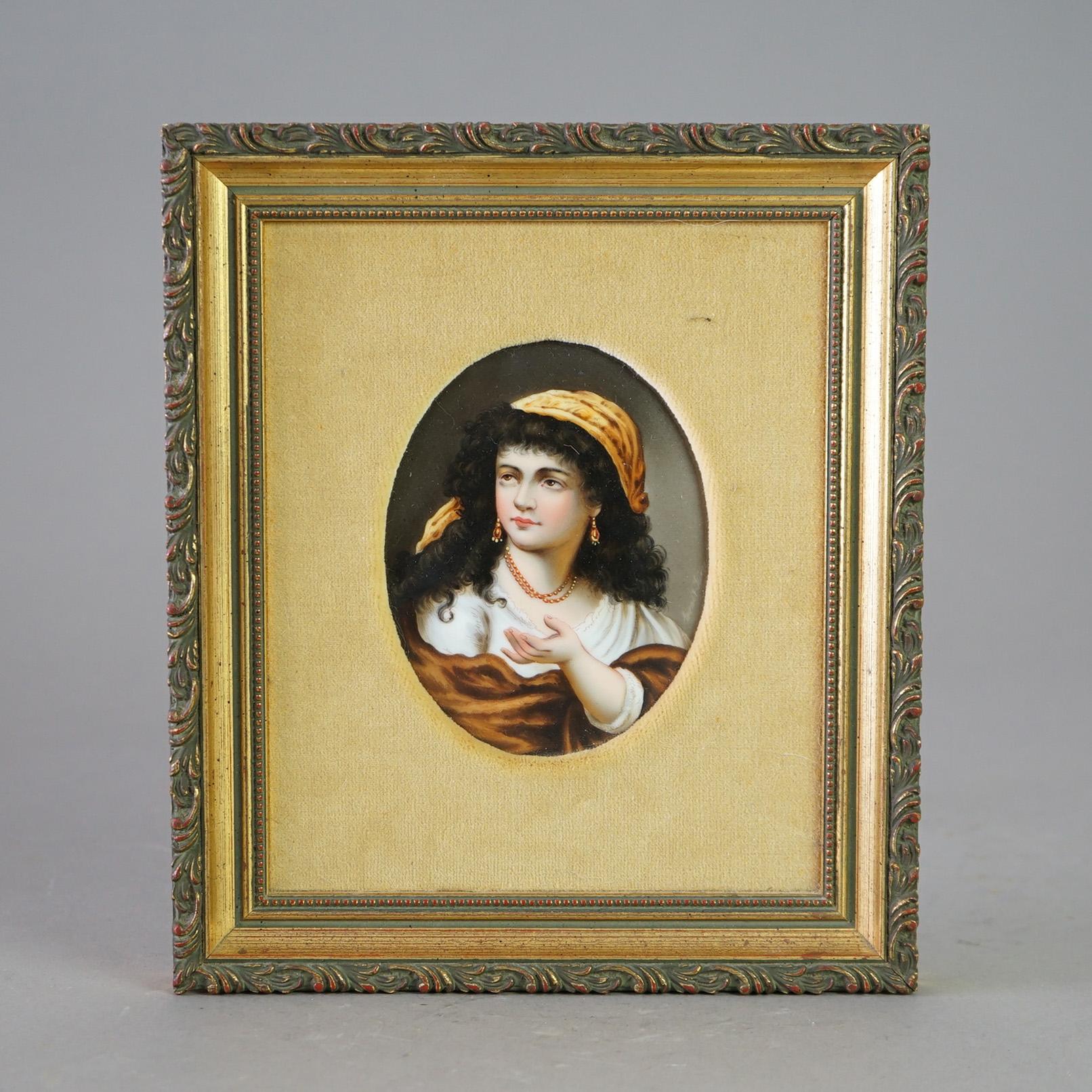 Gilt Antique KPM School Portrait Painting on Porcelain of Gypsy Girl Late 19th C For Sale