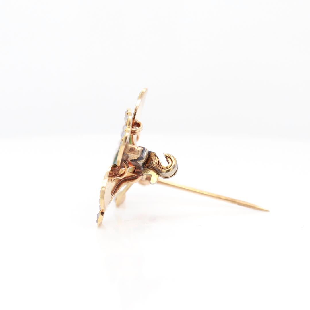 Antique Krementz 14k Gold, Enamel, & Seed Pearl 4-Leaf Clover Stickpin For Sale 1