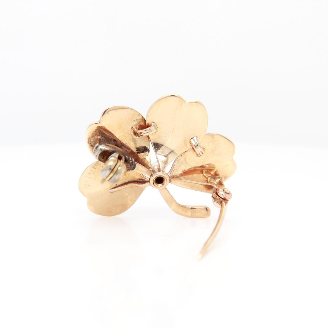 Antique Krementz 14k Gold, Enamel, & Seed Pearl 4-Leaf Clover Stickpin For Sale 2