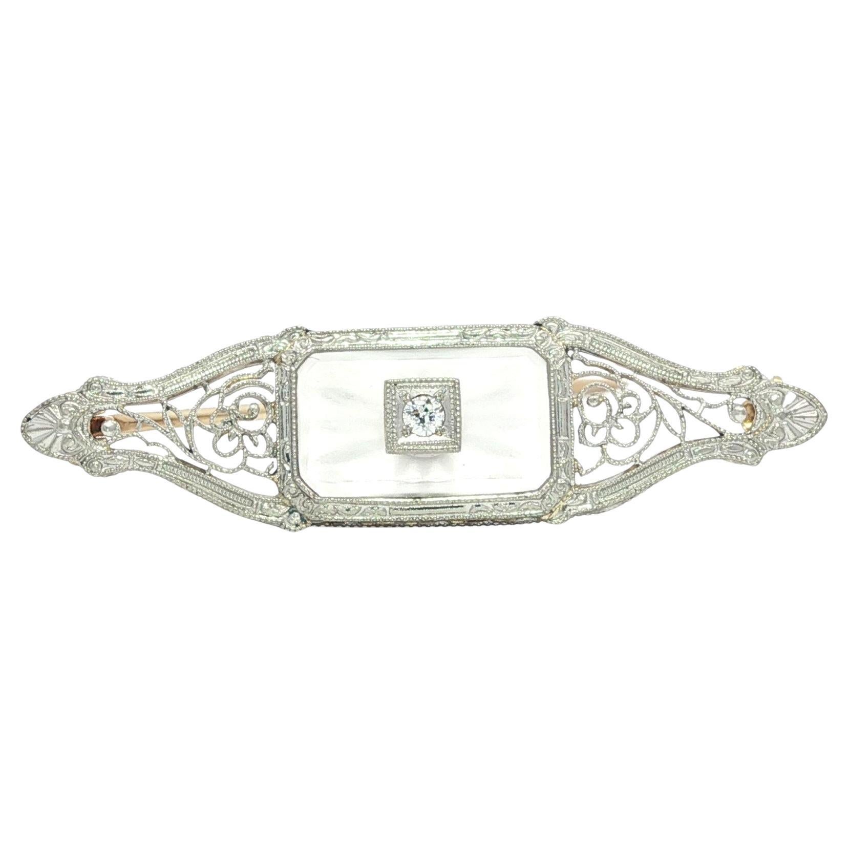 Broche ancienne Krementz 14k or 
platine verre camphré diamant filigrané