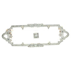 Antique Krementz 14k Gold
Platinum Rock Crystal w/ Diamond Engraved Bar Brooch