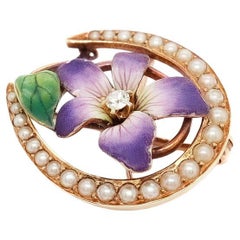Vintage Krementz 14k Gold, Seed Pearl, Diamond & Enamel Flower Horseshoe Brooch