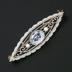Antique Krementz Art Nouveau 14k Gold 1.25ct Aquamarine & Pearl Open Brooch Pin