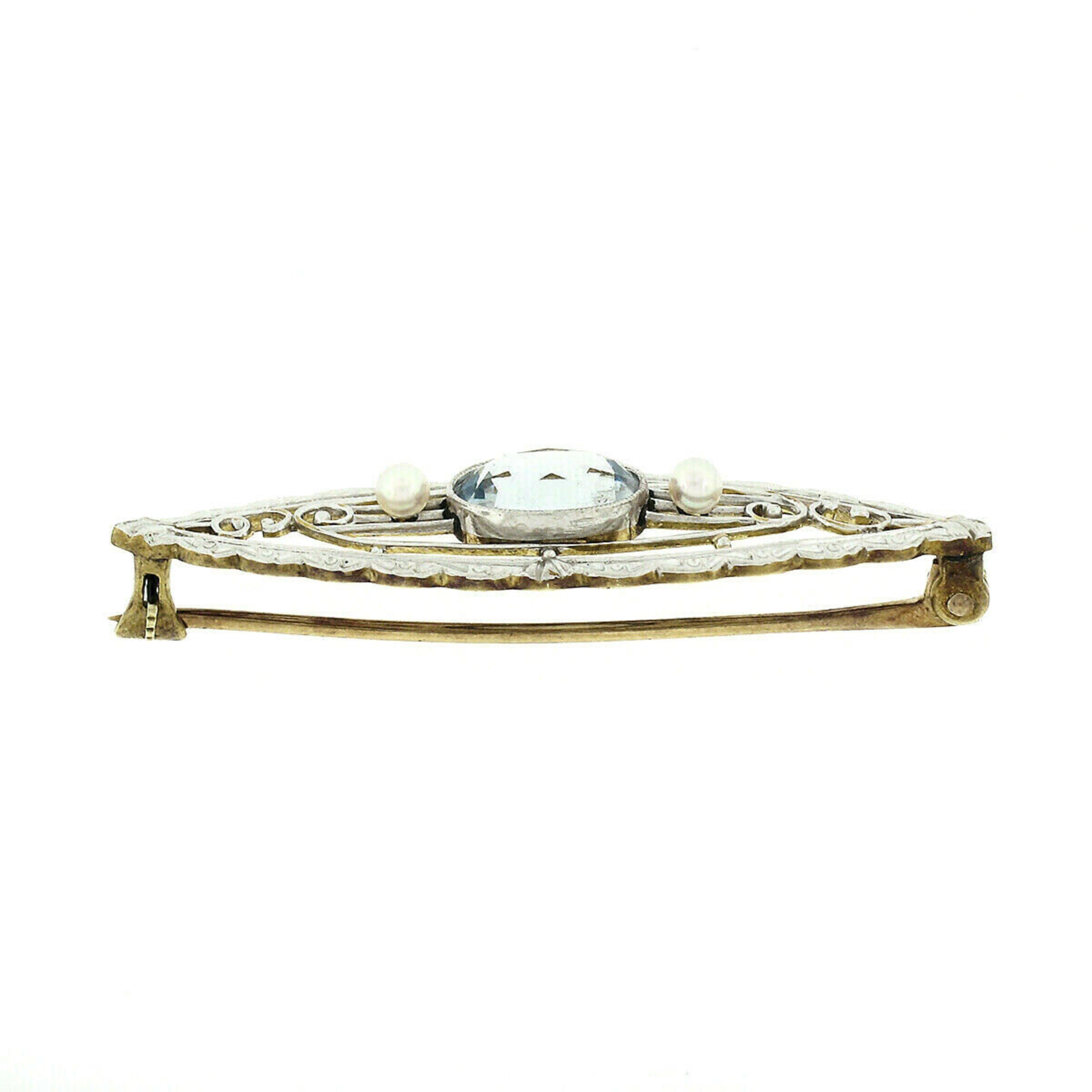 Taille ovale Krementz Broche ouverte Art nouveau en or 14 carats avec aigue-marine et perle de 1,25 carat en vente