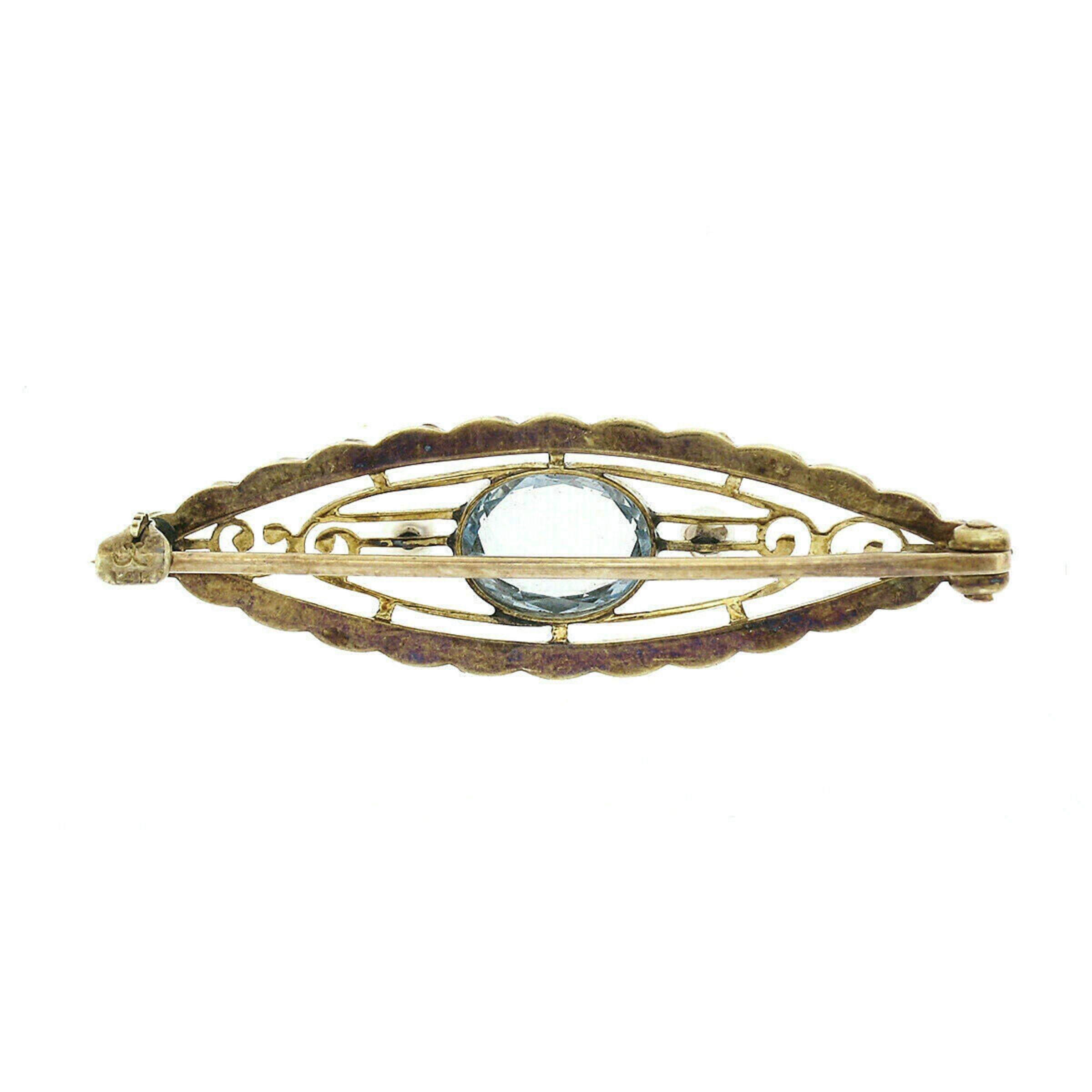 Antike antike Krementz Art Nouveau 14k Gold 1,25ct Aquamarin & Perle Offene Brosche Pin (Ovalschliff) im Angebot