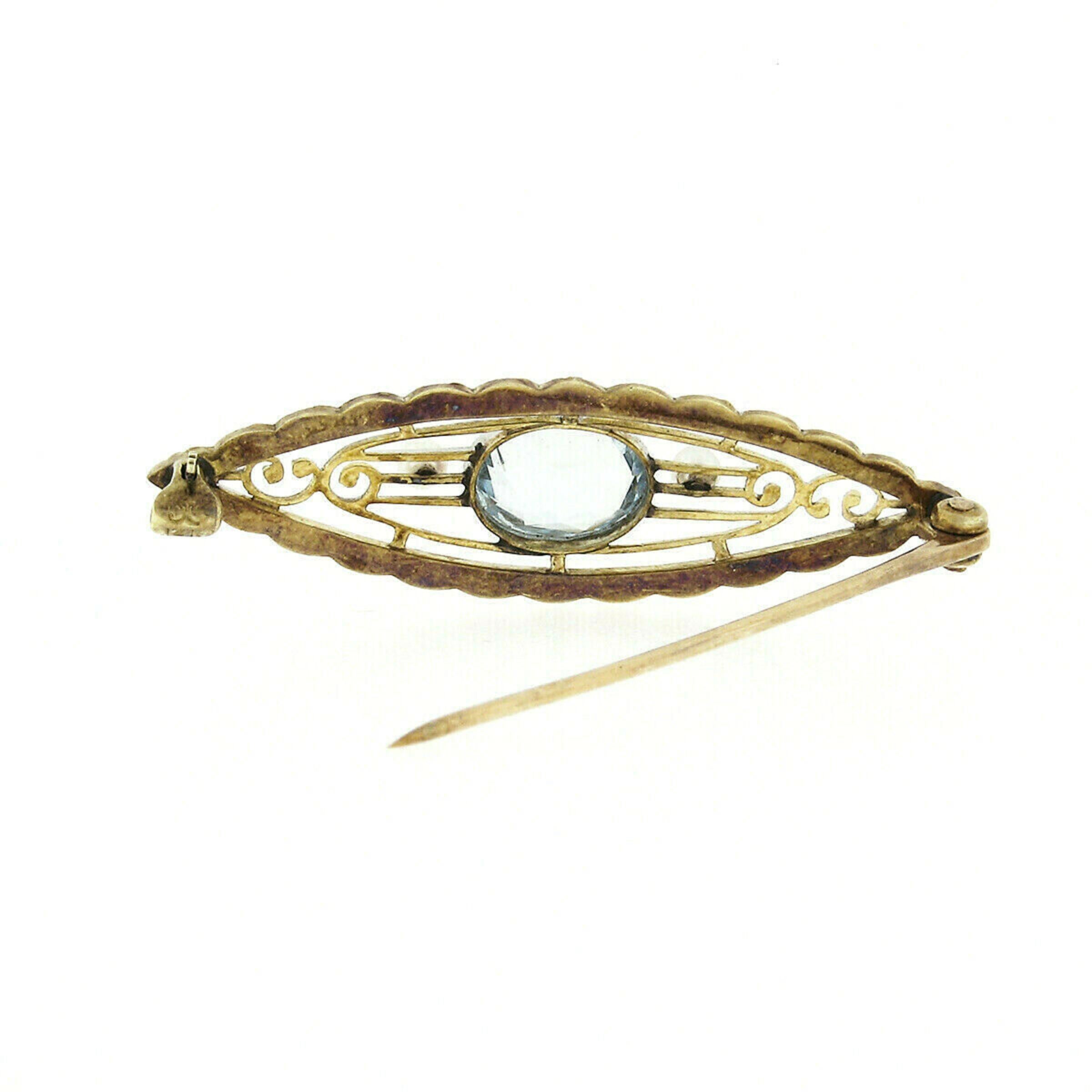 Oval Cut Antique Krementz Art Nouveau 14k Gold 1.25ct Aquamarine & Pearl Open Brooch Pin For Sale