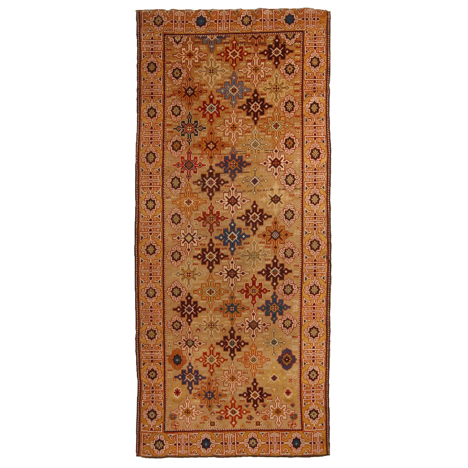 Antique Kuba Beige & Golden-Yellow Wool Runner Geometric Pattern by Rug & Kilim For Sale