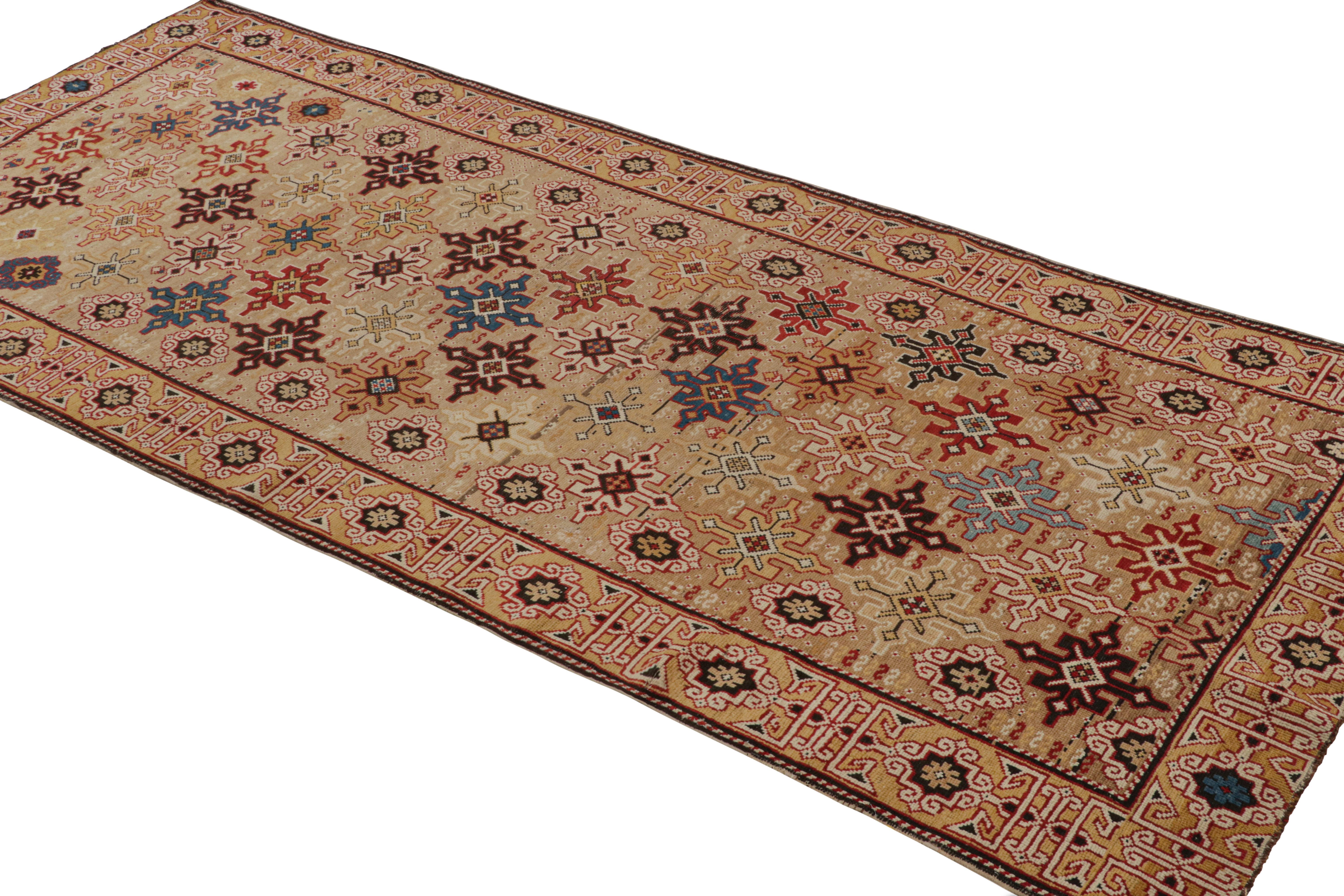 Hand-Knotted Antique Kuba Beige & Golden-Yellow Wool Runner Geometric Pattern by Rug & Kilim For Sale