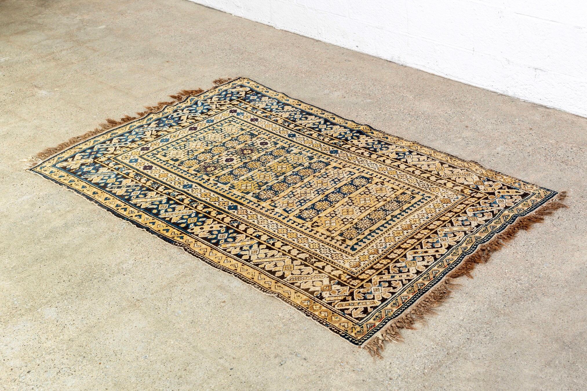 Antique Kuba Caucasian Tan and Blue Handmade Wool Floor Rug, Late 1800s For Sale 3
