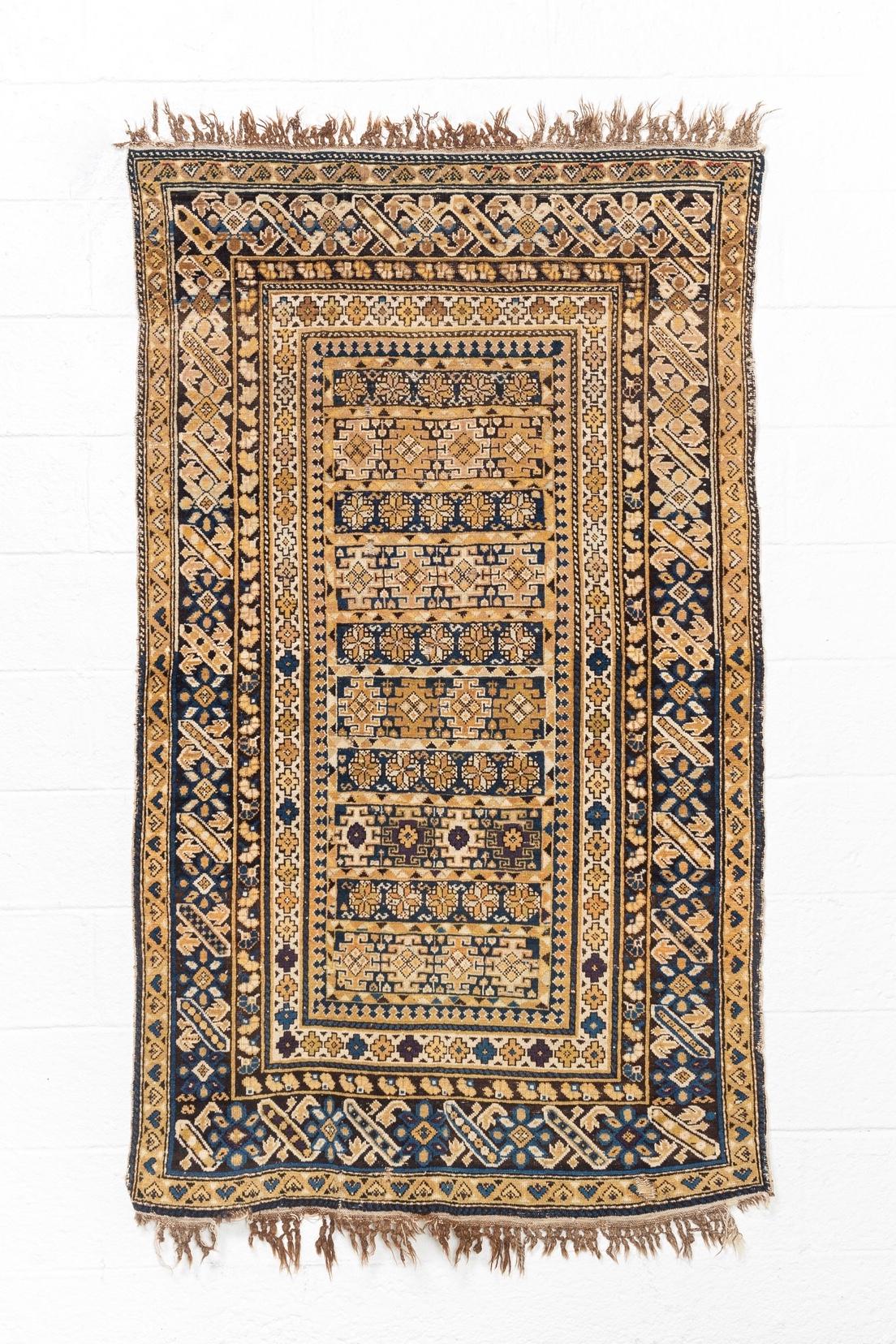 Other Antique Kuba Caucasian Tan and Blue Handmade Wool Floor Rug, Late 1800s For Sale