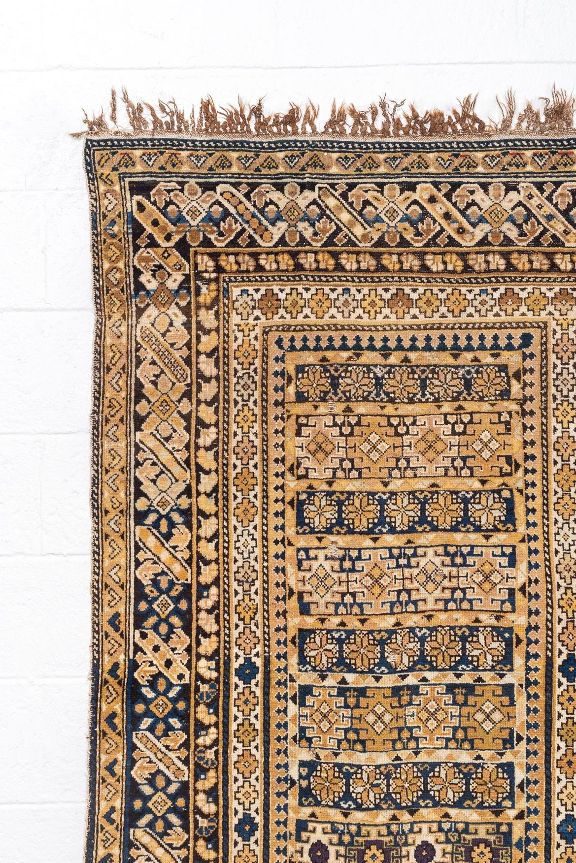 Azerbaijani Antique Kuba Caucasian Tan and Blue Handmade Wool Floor Rug, Late 1800s For Sale