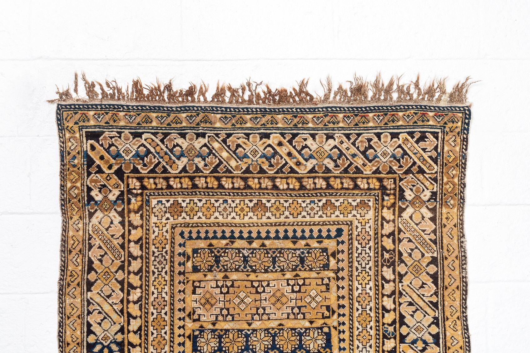 Hand-Woven Antique Kuba Caucasian Tan and Blue Handmade Wool Floor Rug, Late 1800s For Sale