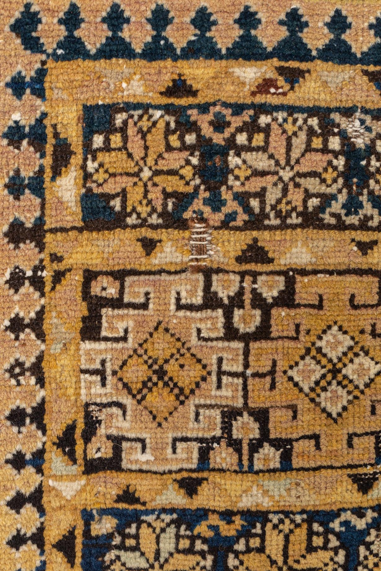 Late 19th Century Antique Kuba Caucasian Tan and Blue Handmade Wool Floor Rug, Late 1800s For Sale